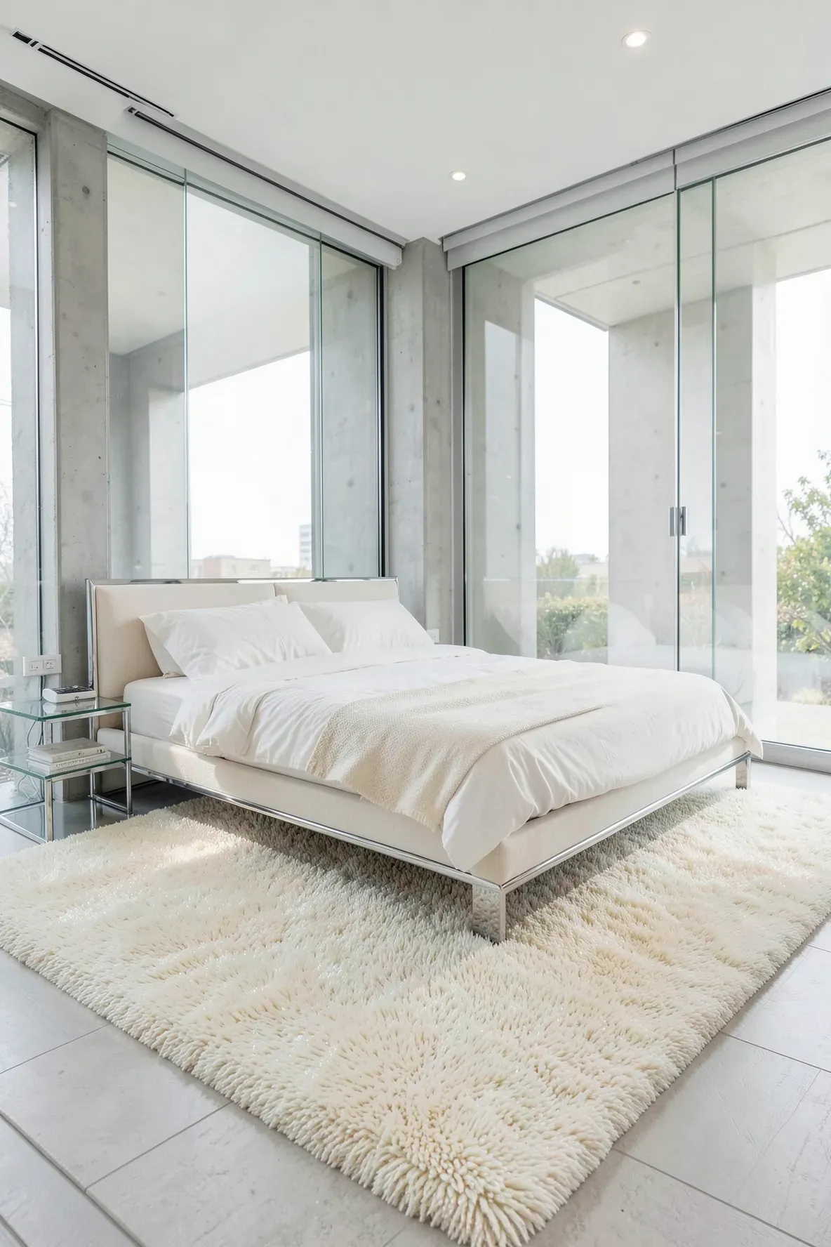 A plush cream rug adding softness to a modern bedroom with glass and metal furniture.