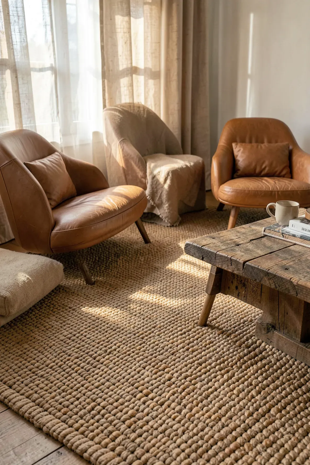 A chunky wool tan rug with a heavy weave in a room with leather chairs and linen curtains.