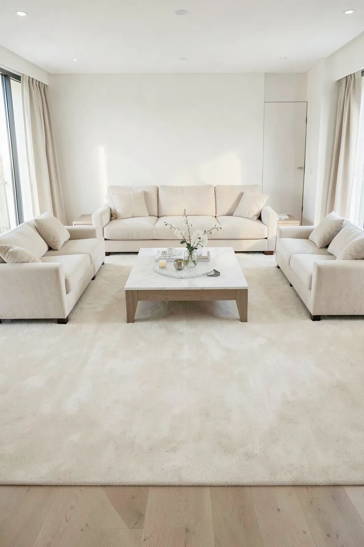 A large cream rug in a living room with all sofa and chair legs resting on its surface.