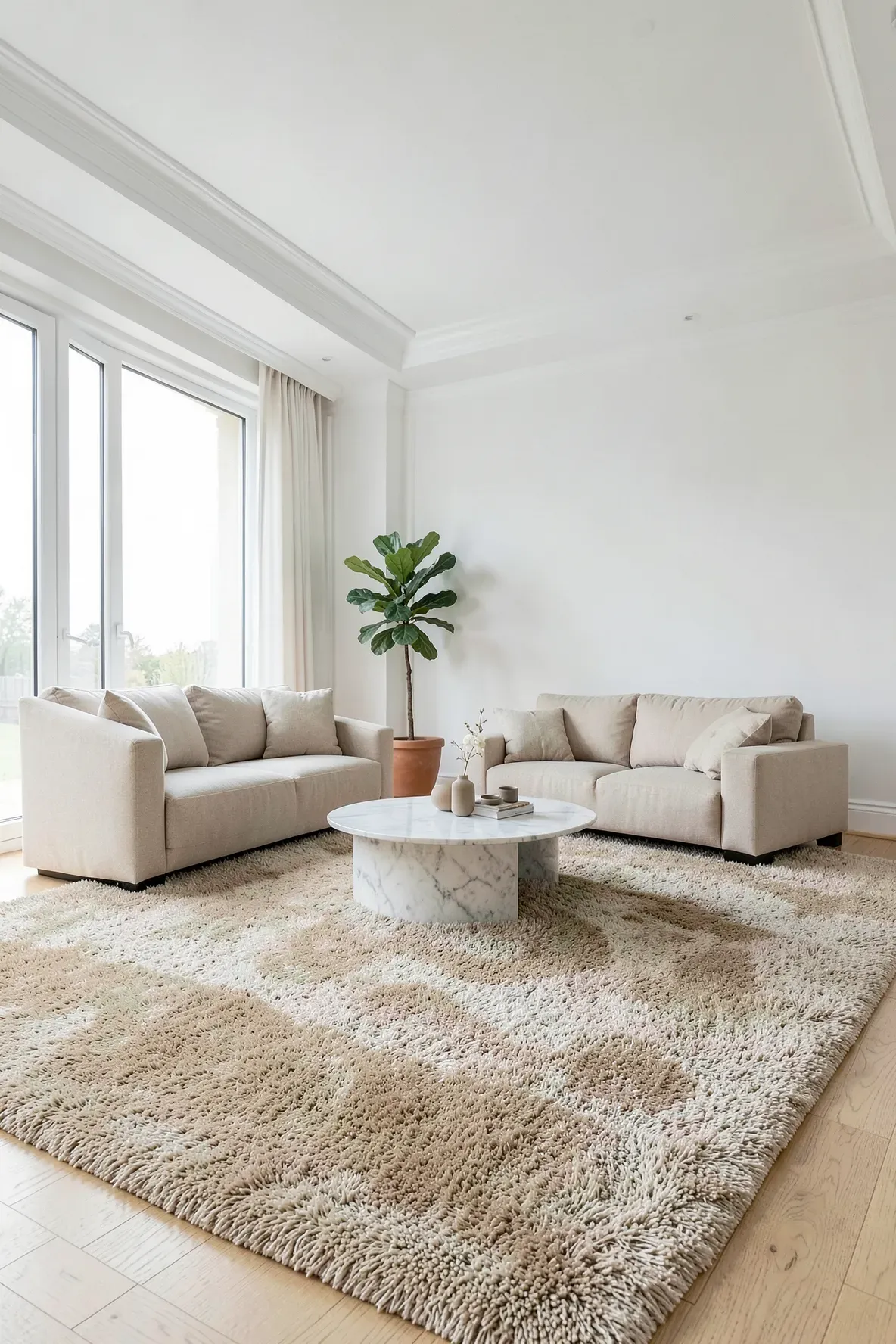 A large, plush beige rug in a bright living room with white walls and modern furniture.