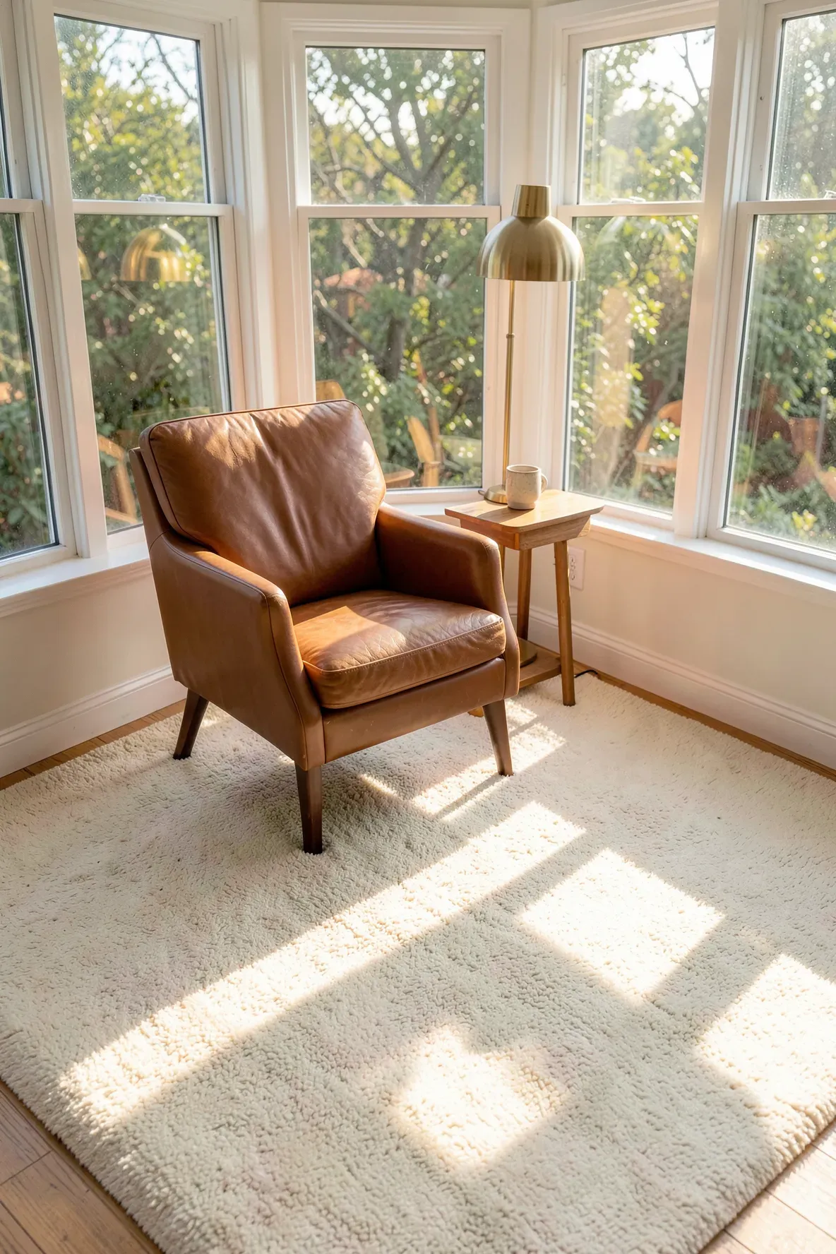 A sunlit reading nook with a cream rug, leather armchair, and large windows.