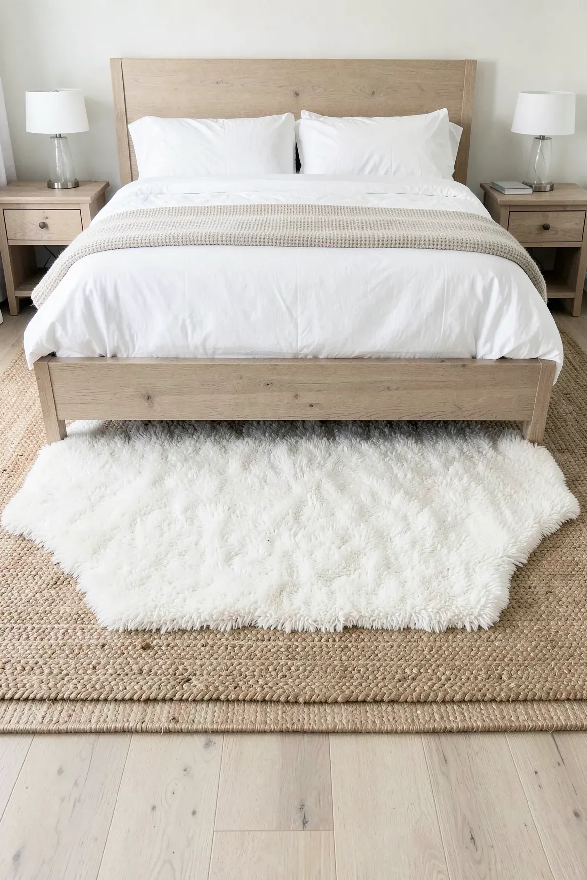 A soft white rug layered over a larger textured jute rug in a bright, coastal bedroom.