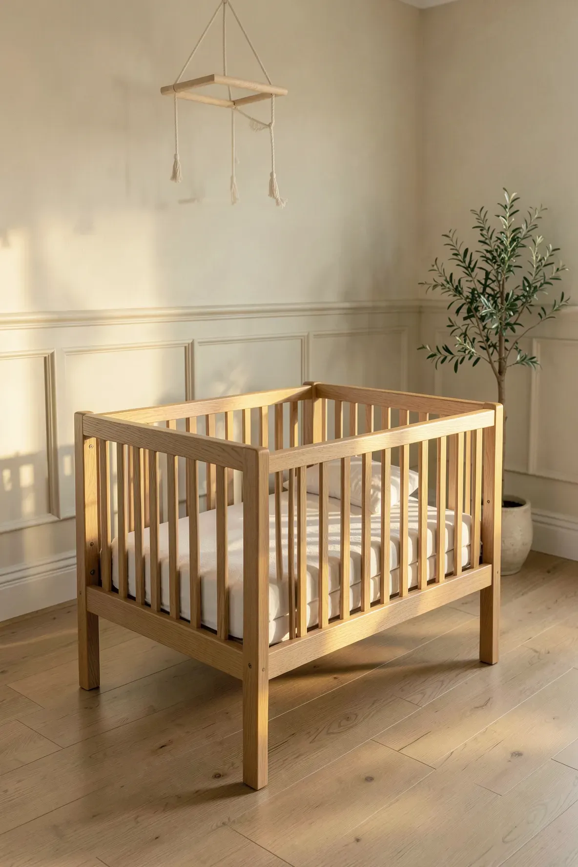 A modern oak convertible crib in a well-lit, minimalist nursery with cream wainscoting.