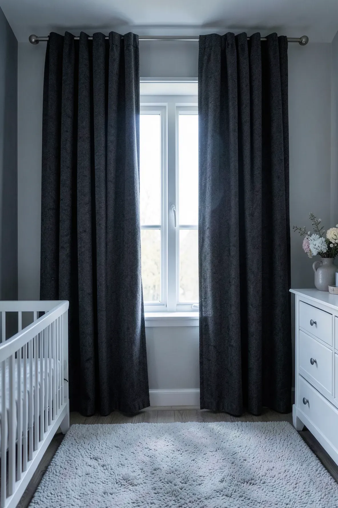 Heavy charcoal blackout curtains covering a large window in a bright white nursery.