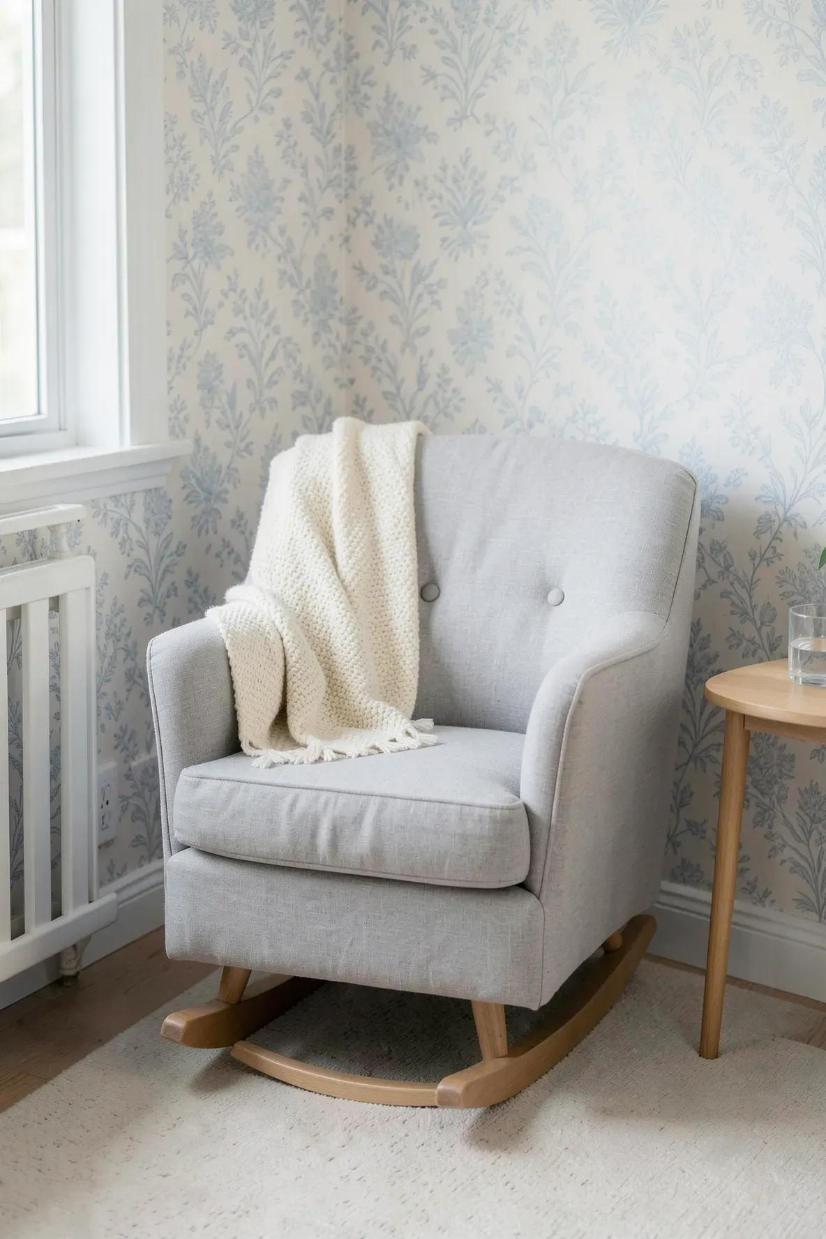 A grey linen rocking chair with a knitted throw blanket in a sunlit nursery corner.