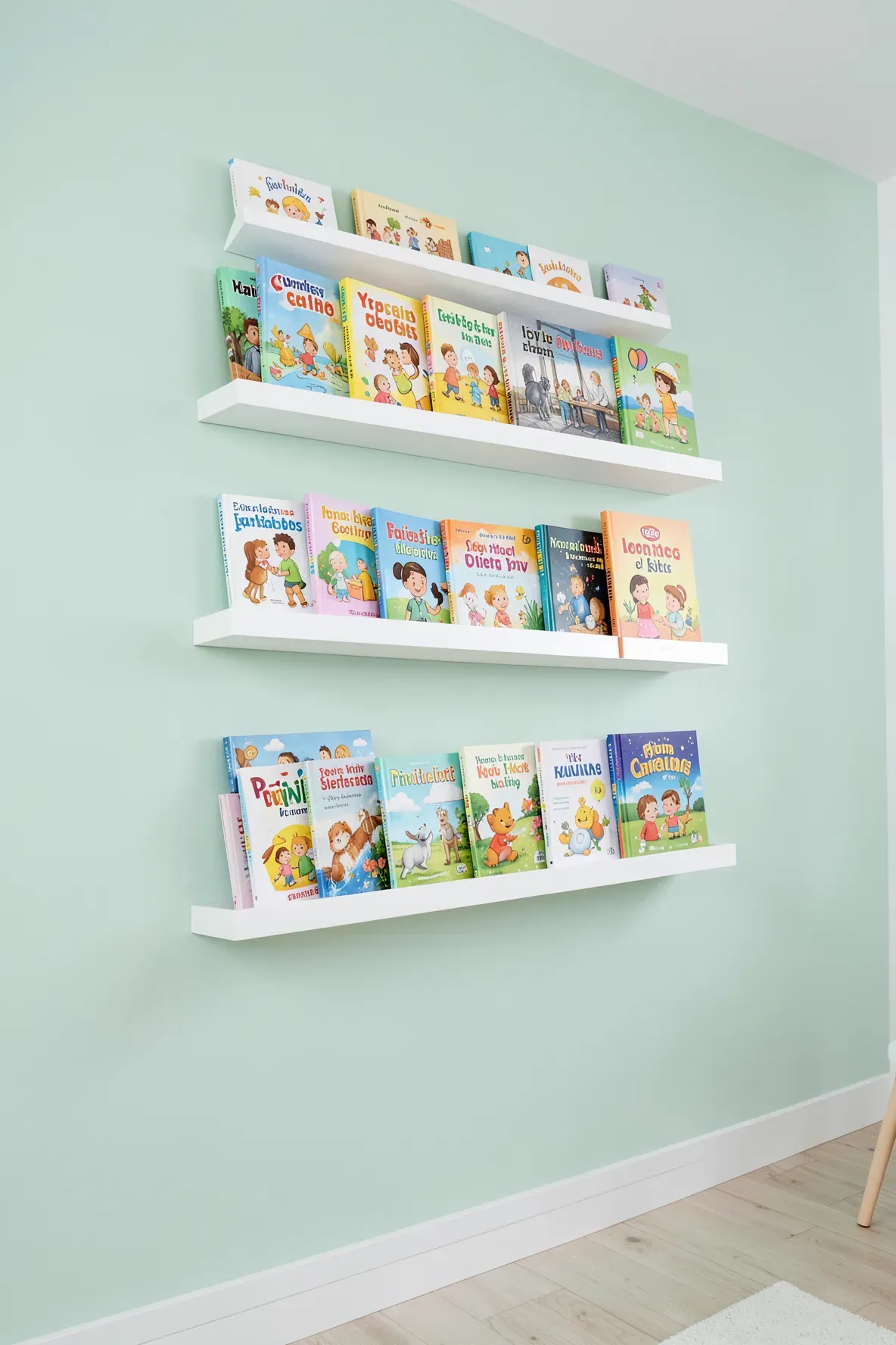 White floating book ledges on a mint green wall filled with colorful children's books.