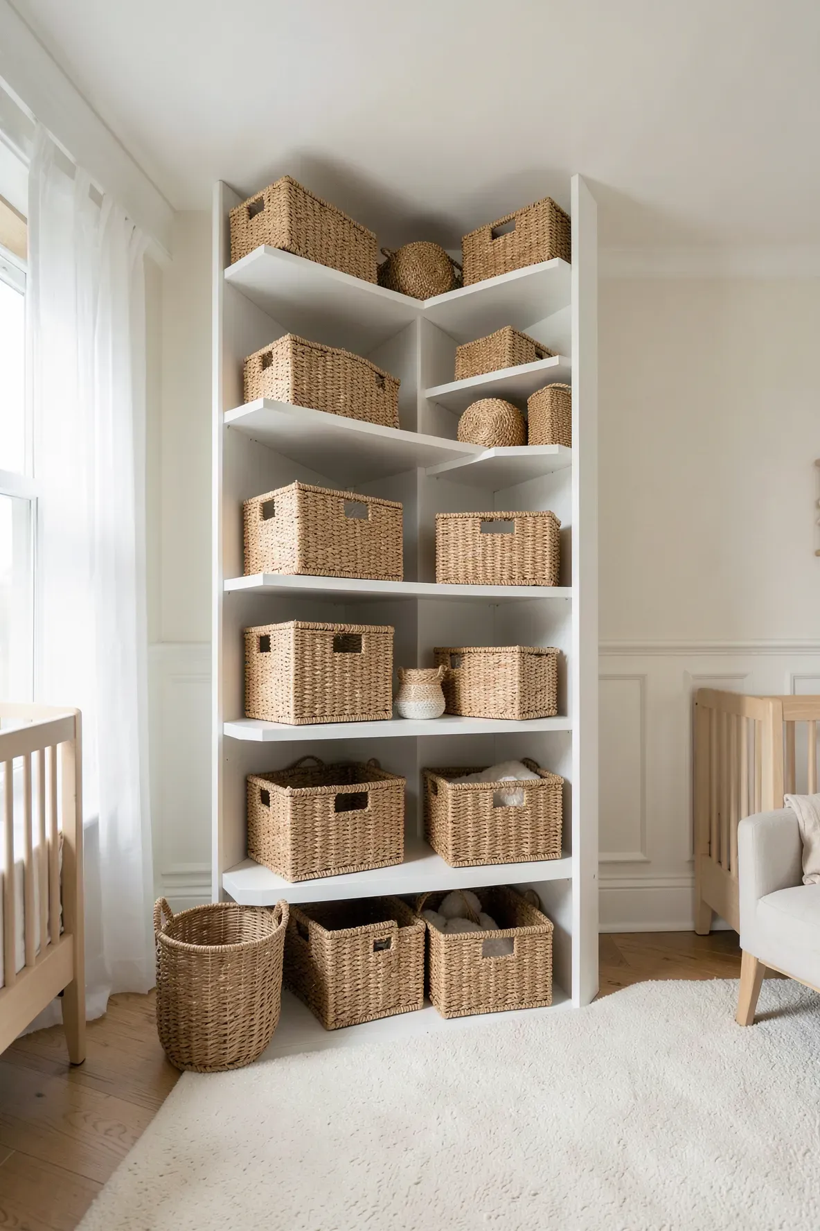 A nursery wall with white open shelves holding various woven storage baskets in a bright room.