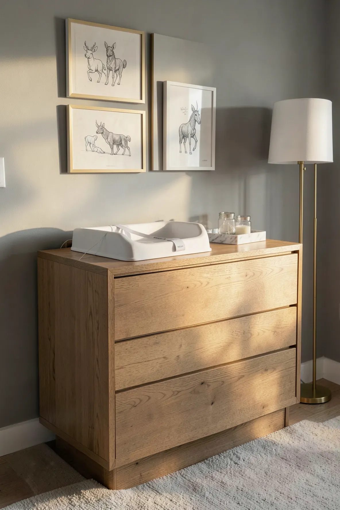 A wooden dresser in a nursery topped with a white changing pad and organized baby essentials.