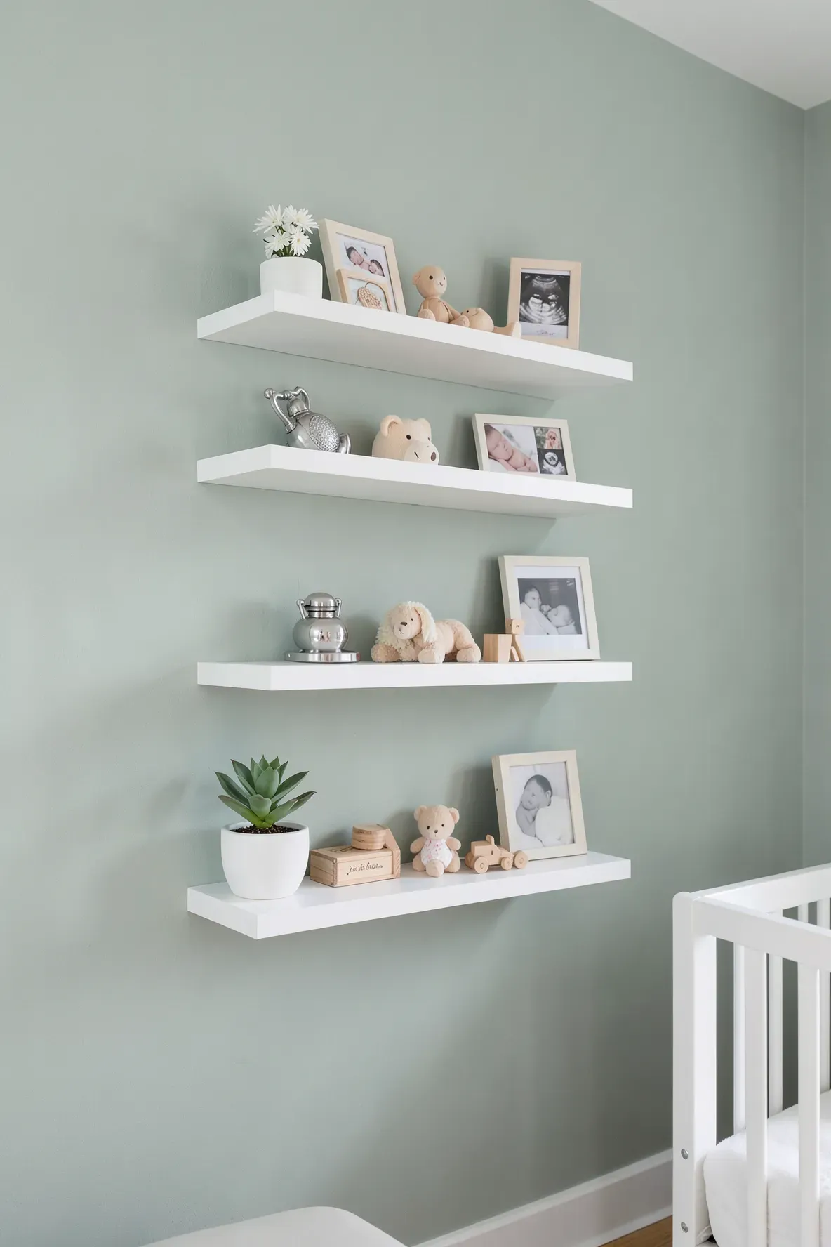 White floating shelves on a sage green wall holding small decorative items in a modern nursery.