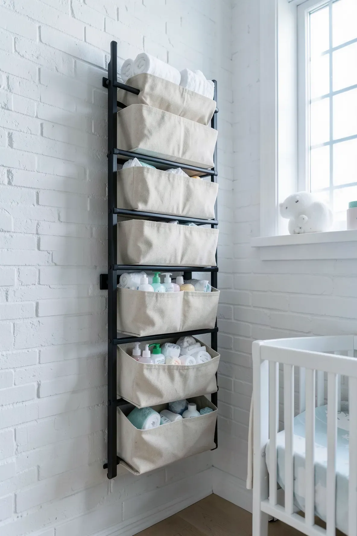 A wall-mounted vertical storage system with bins holding baby supplies in a small, tidy room.