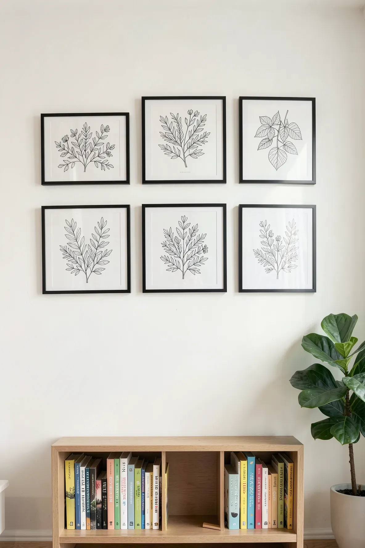 Framed botanical line art hanging on a nursery wall above a small wooden bookshelf.