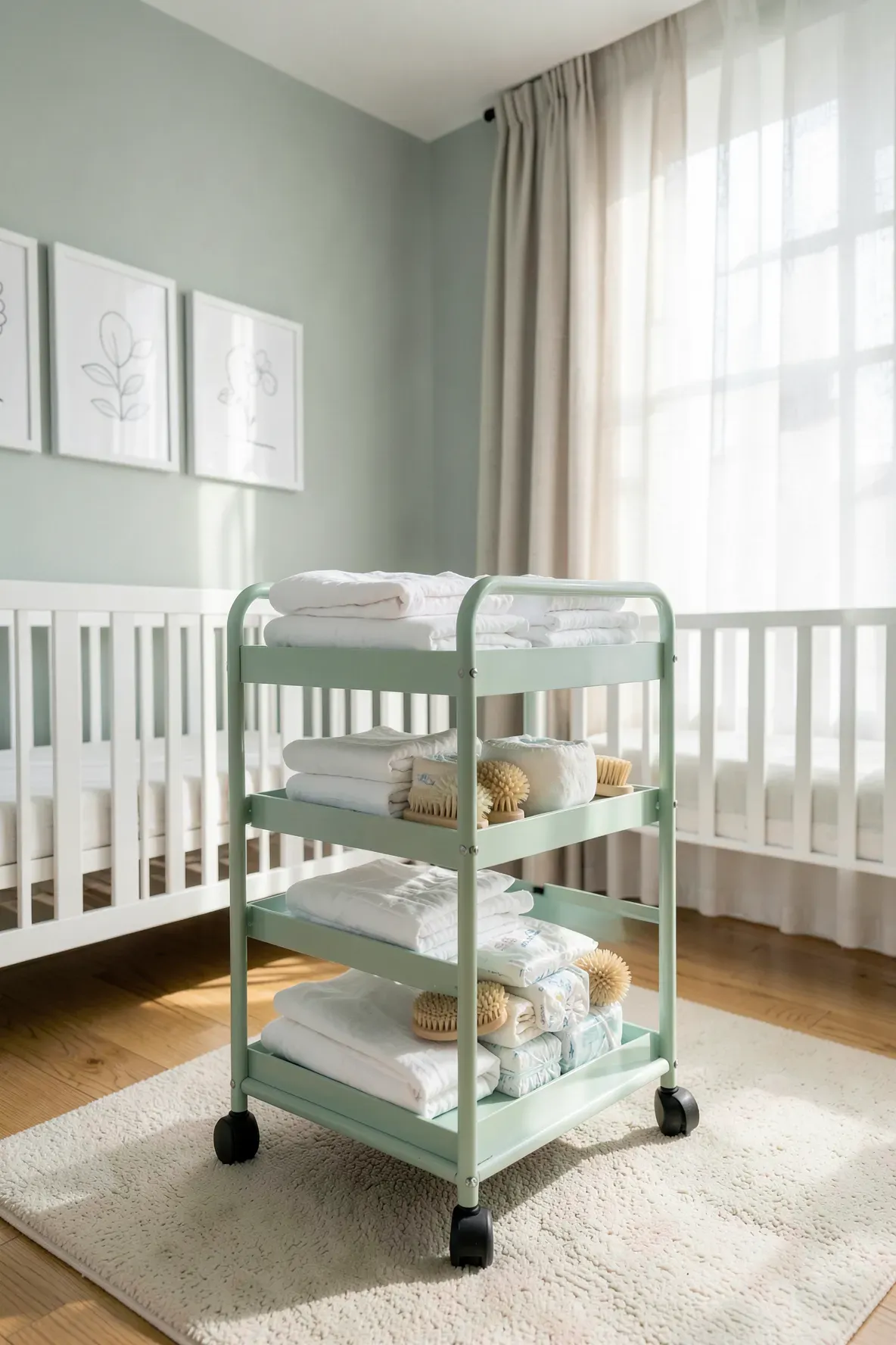 A mint green three-tier rolling cart stocked with baby supplies in a sunlit, modern nursery.