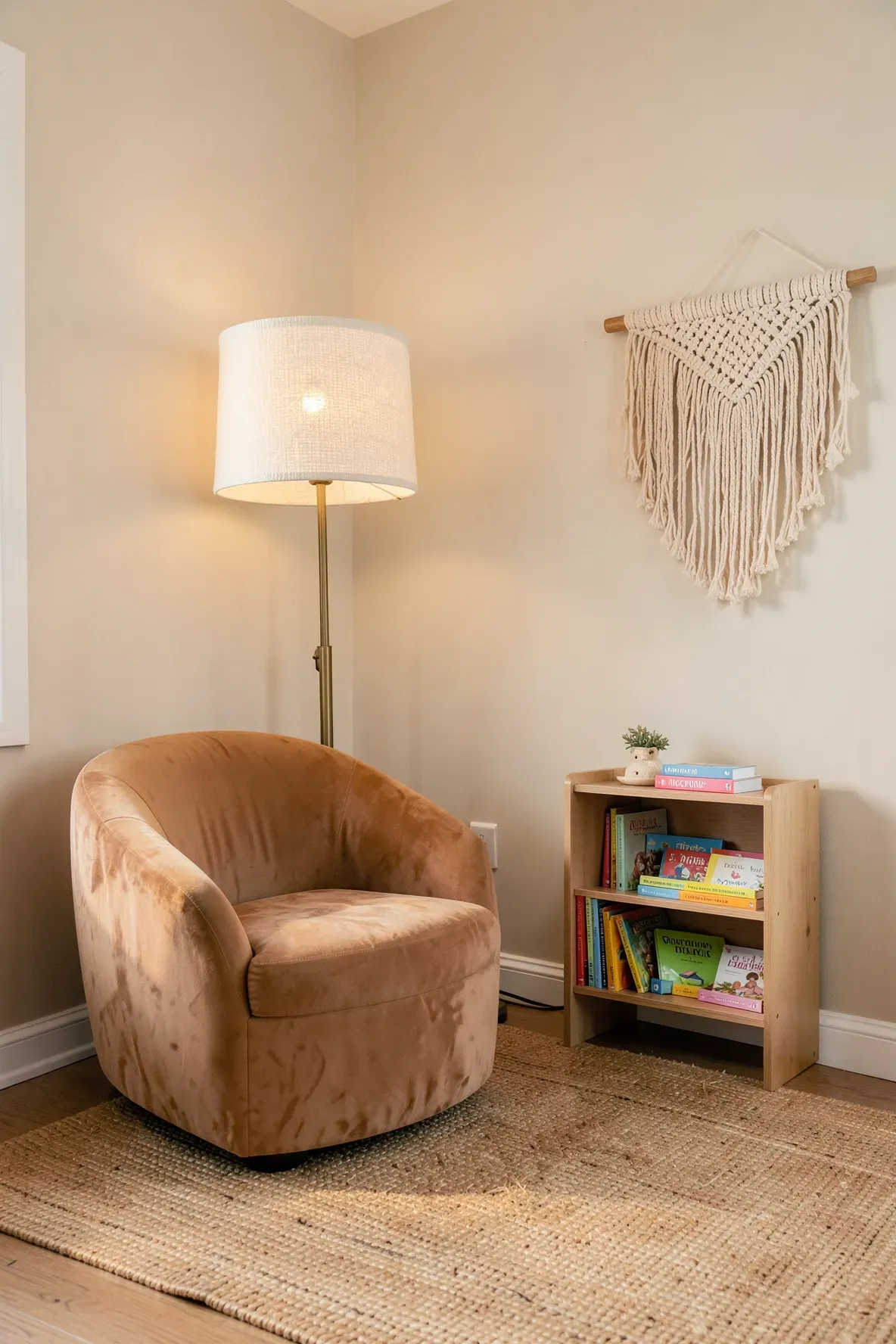 A brass floor lamp with a fabric shade illuminating a cozy velvet chair in a nursery.