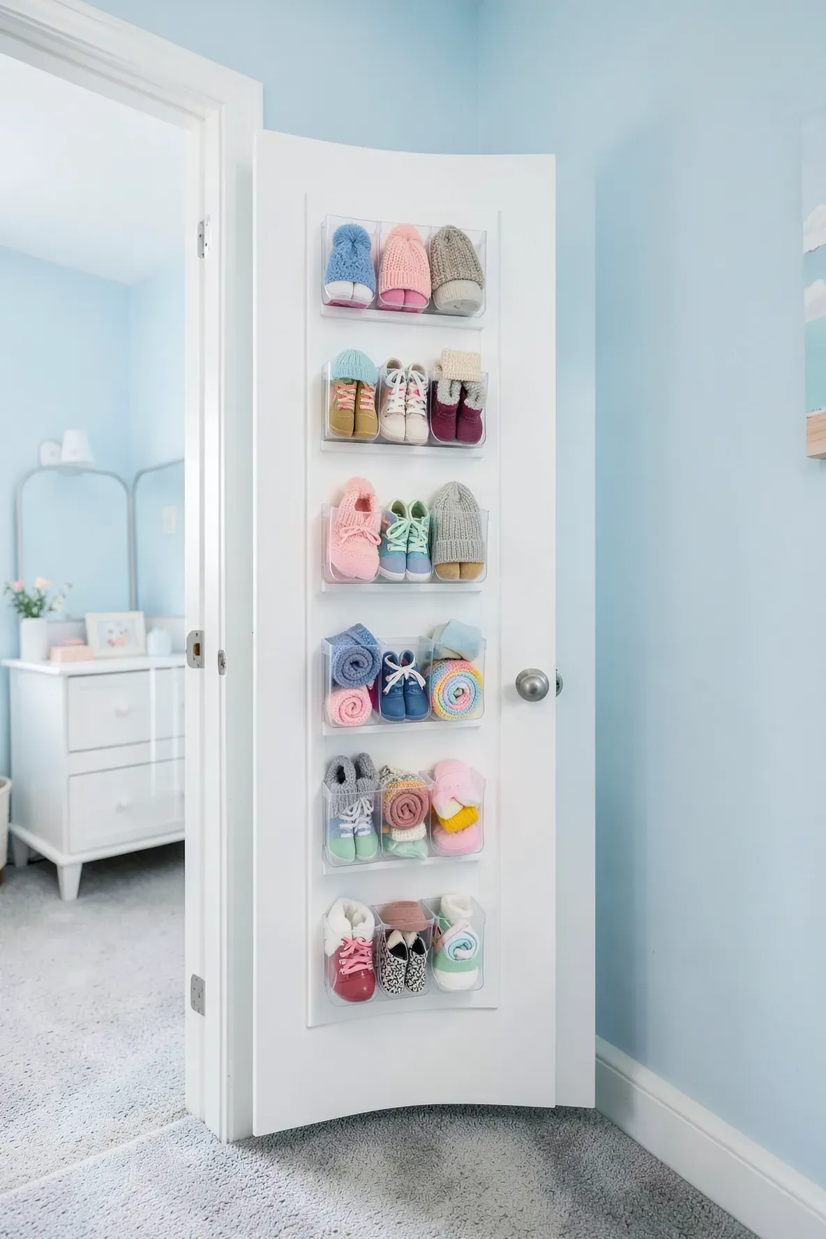 A clear over-the-door organizer filled with baby shoes and hats on a white nursery door.