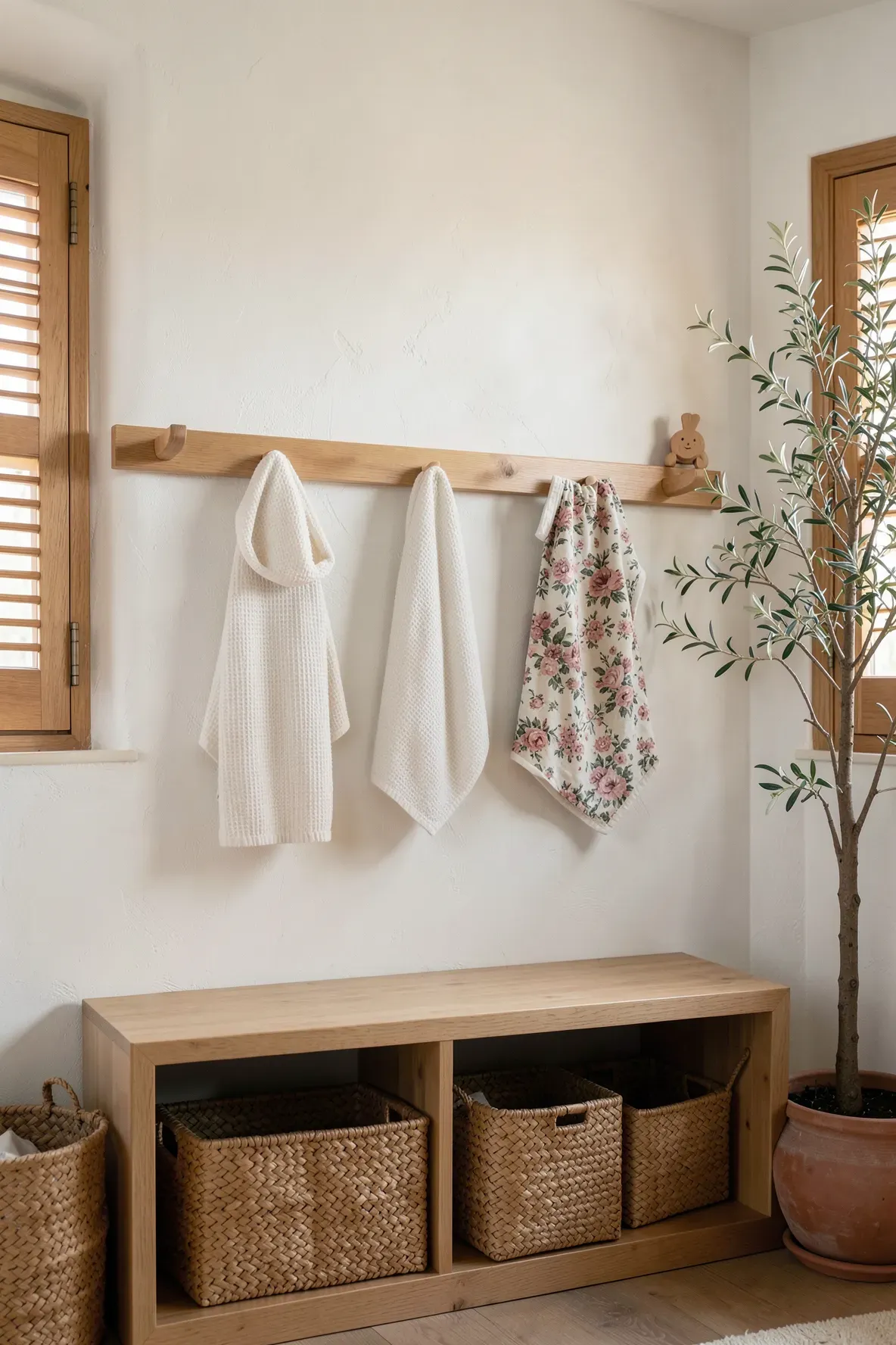 A wooden peg rail with a baby towel and swaddle hanging in a minimalist nursery.