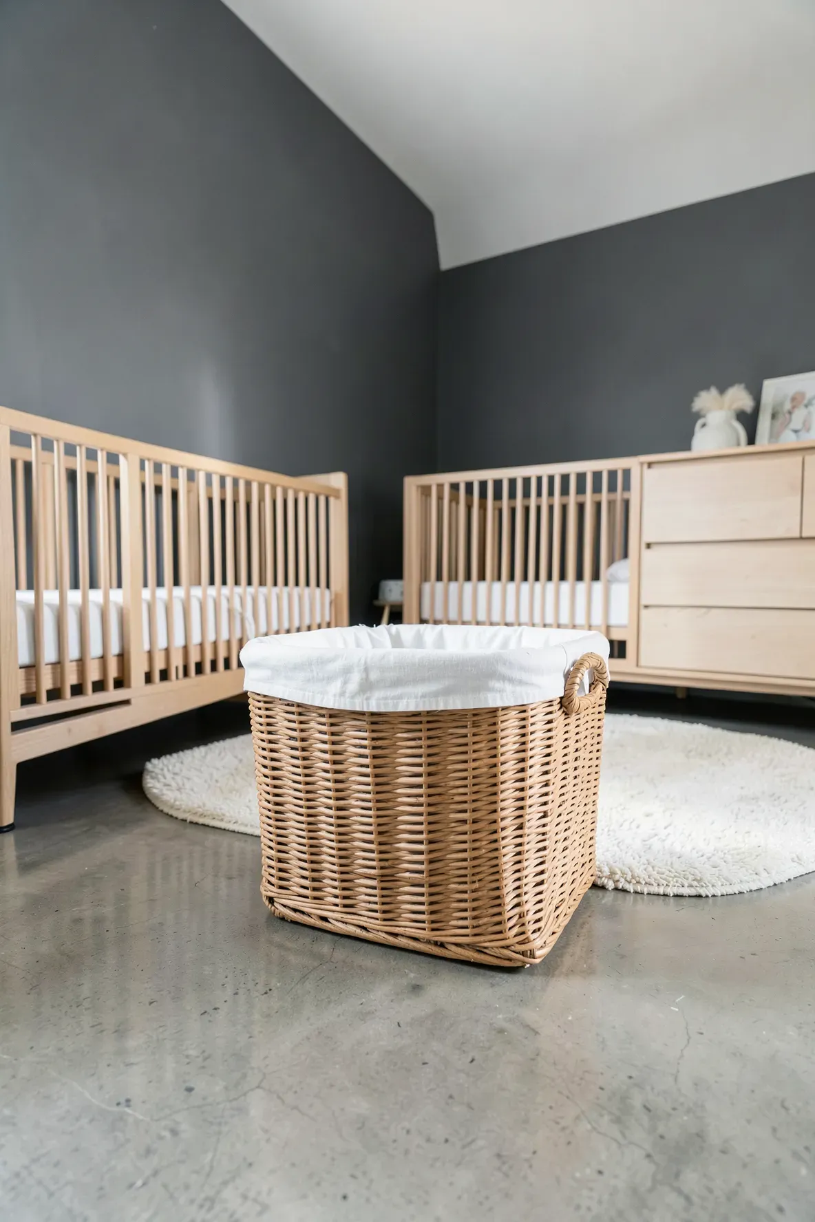 A large woven wicker laundry hamper with a lid in the corner of a modern nursery.