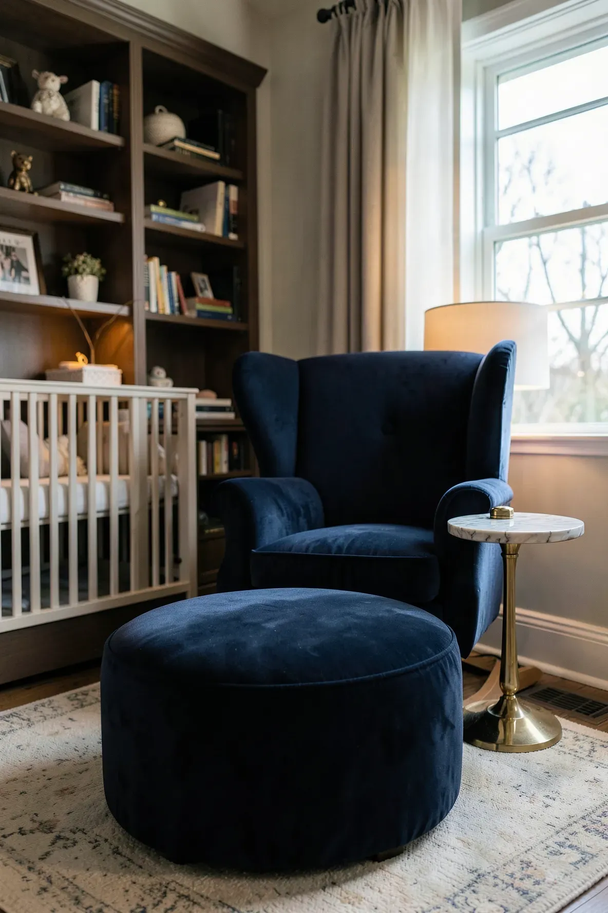 A plush navy velvet ottoman paired with a rocking chair in a luxurious nursery.