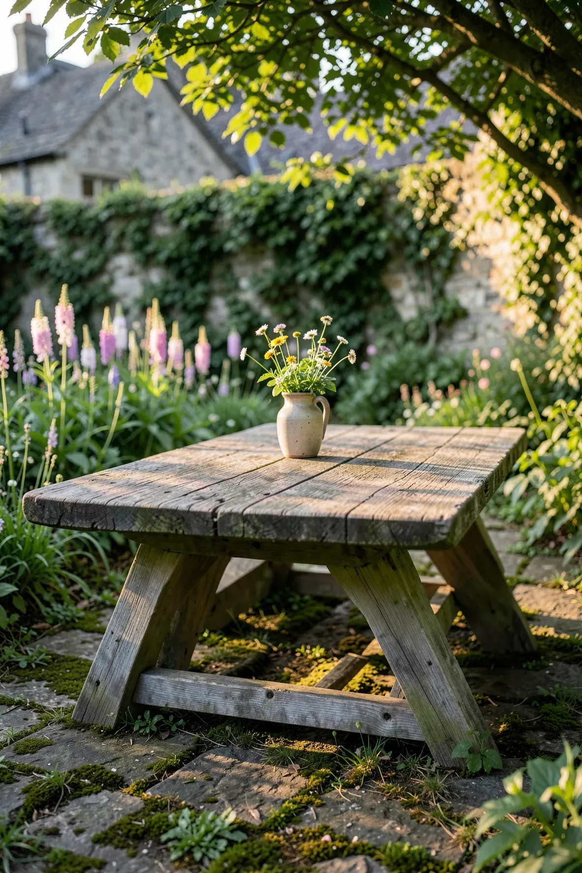 A chunky, weathered oak trestle table stands in a lush cottage garden during golden hour.