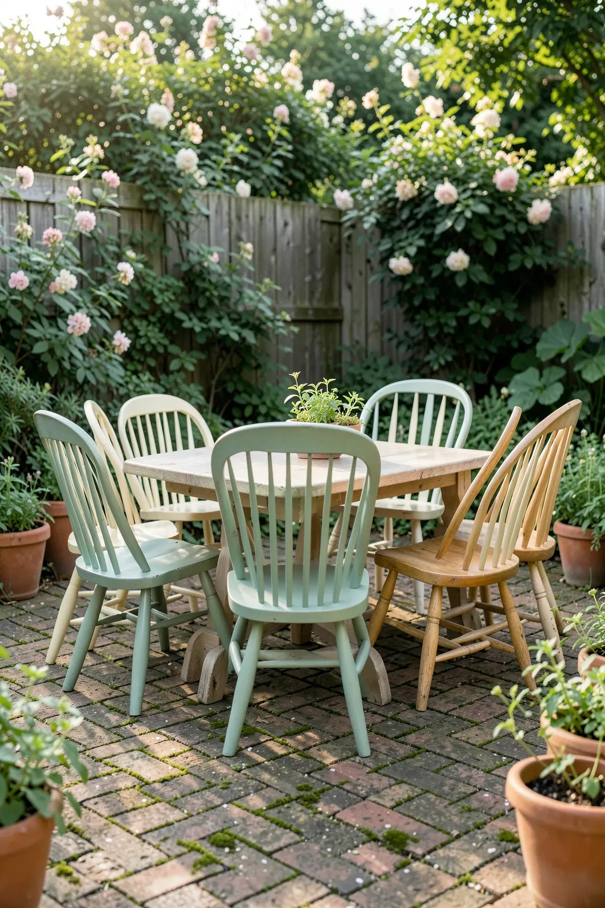 A variety of vintage wooden chairs in sage and cream surround a table in a bright garden.