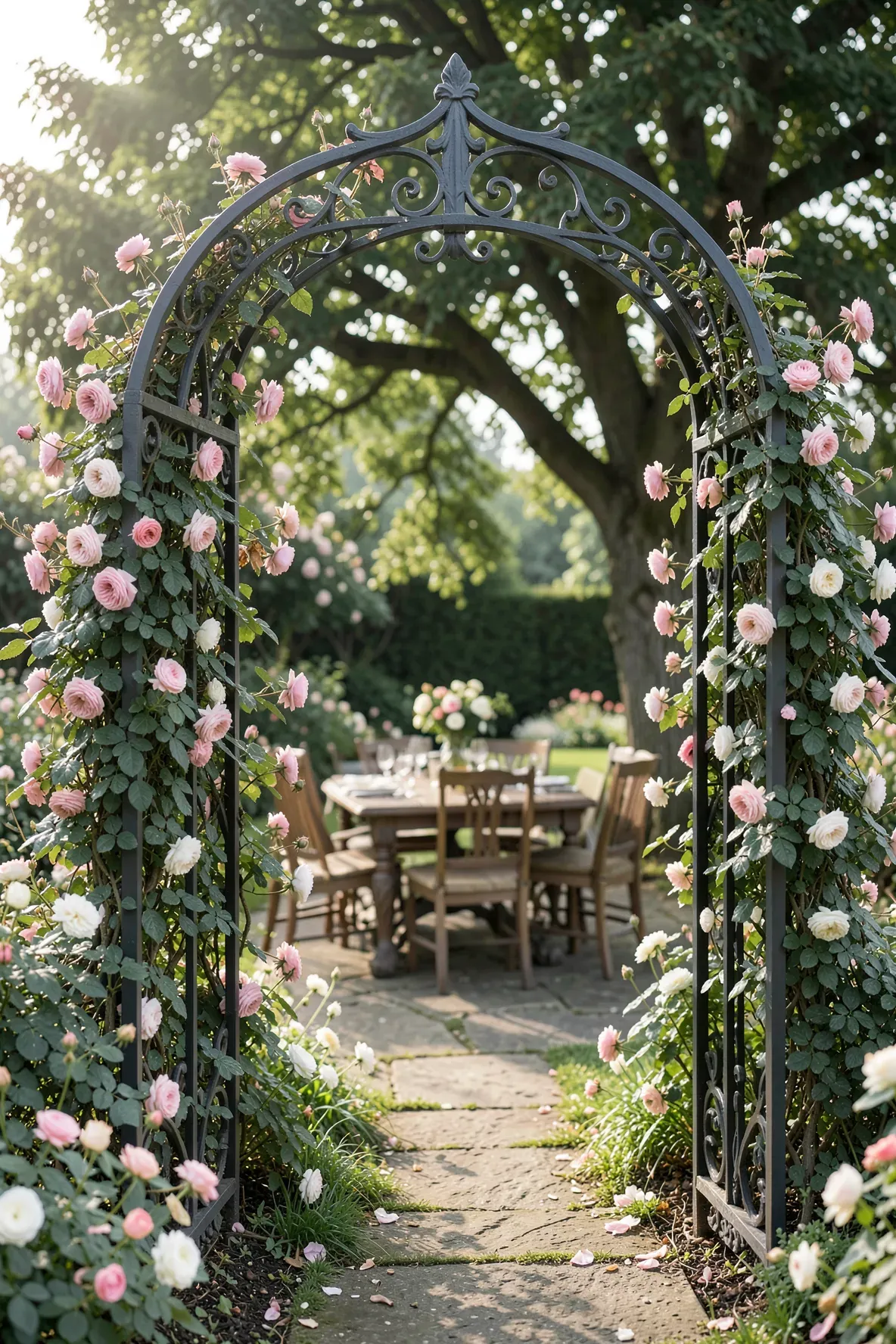 A dark wrought iron arch covered in climbing roses leads into a beautiful garden dining area.