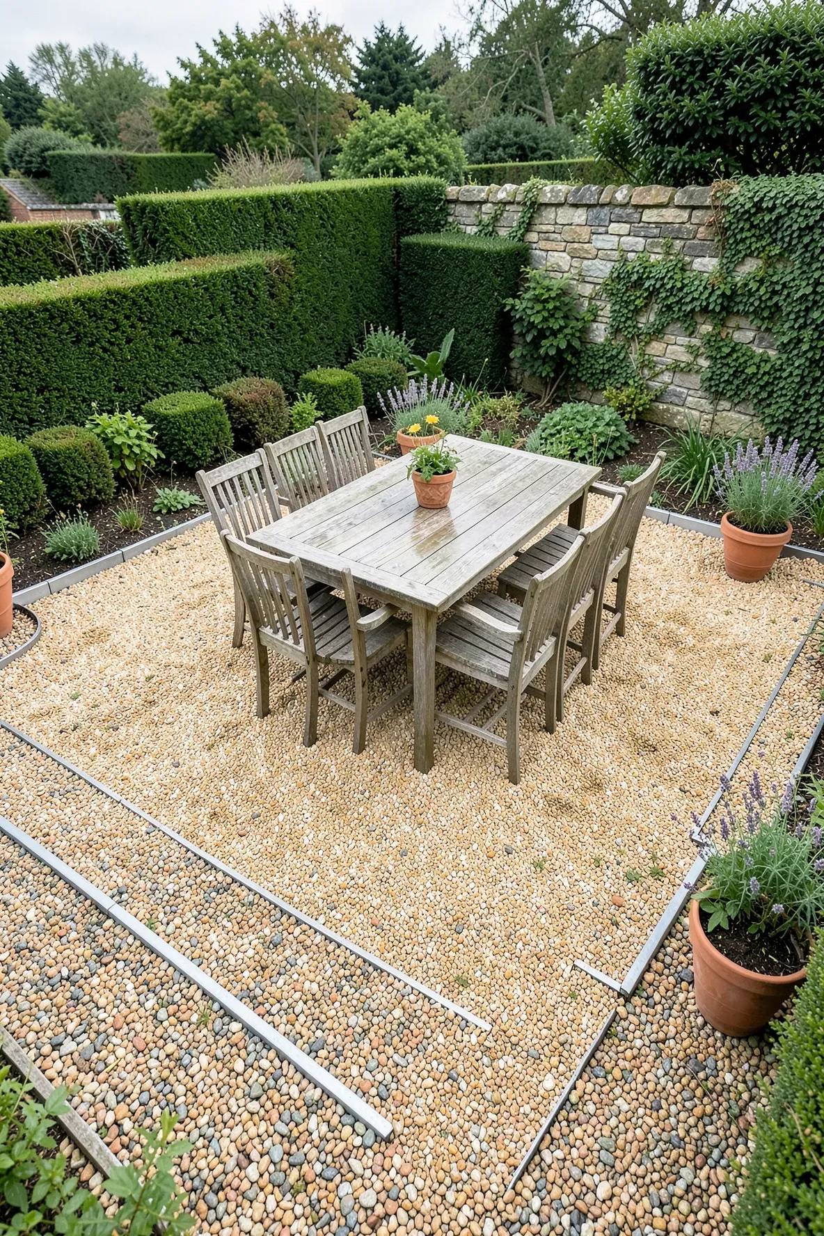 A neat pea gravel floor provides a textured foundation for a wooden garden dining set.