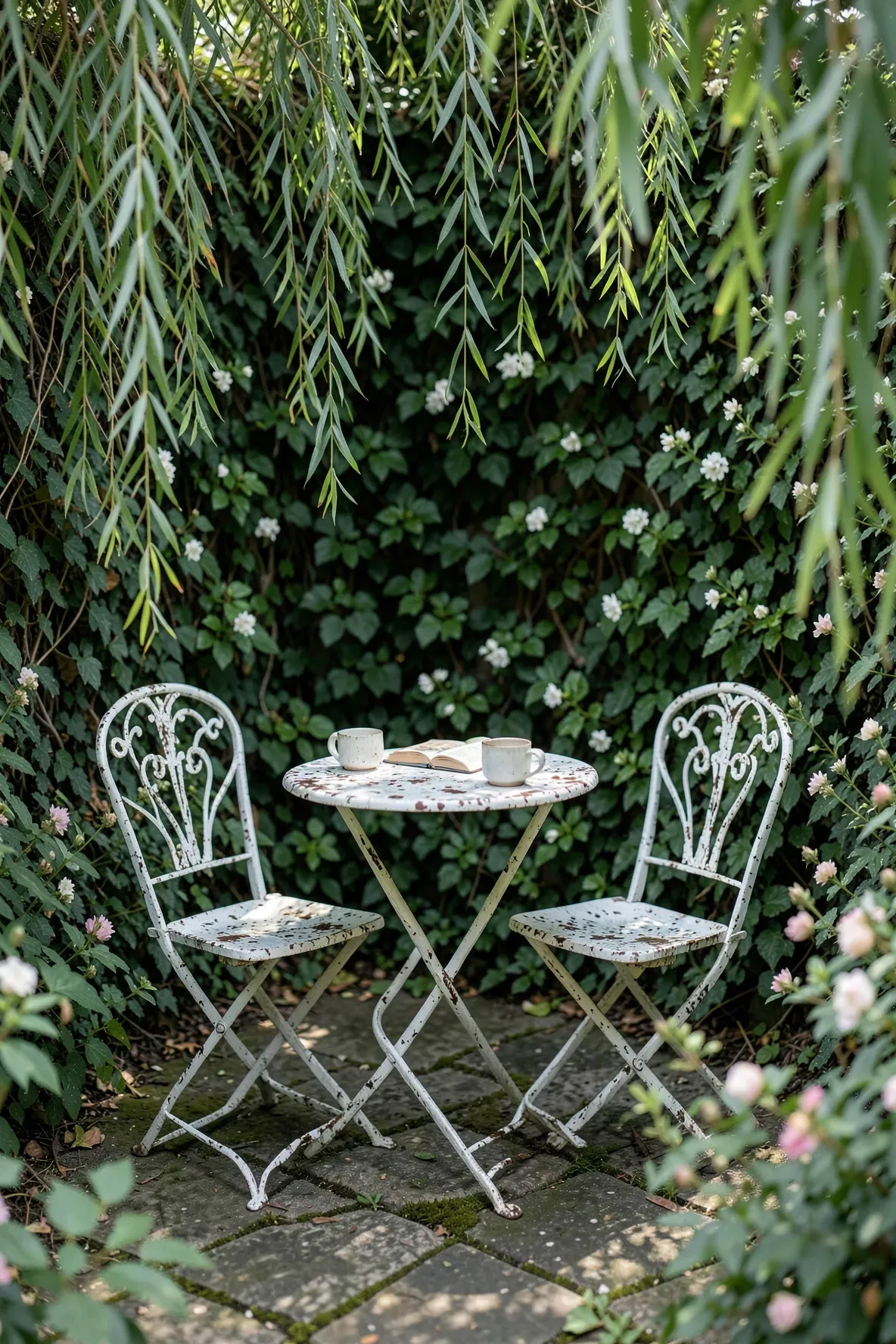 A white antique iron bistro set sits in a quiet, sun-dappled corner of a lush garden.