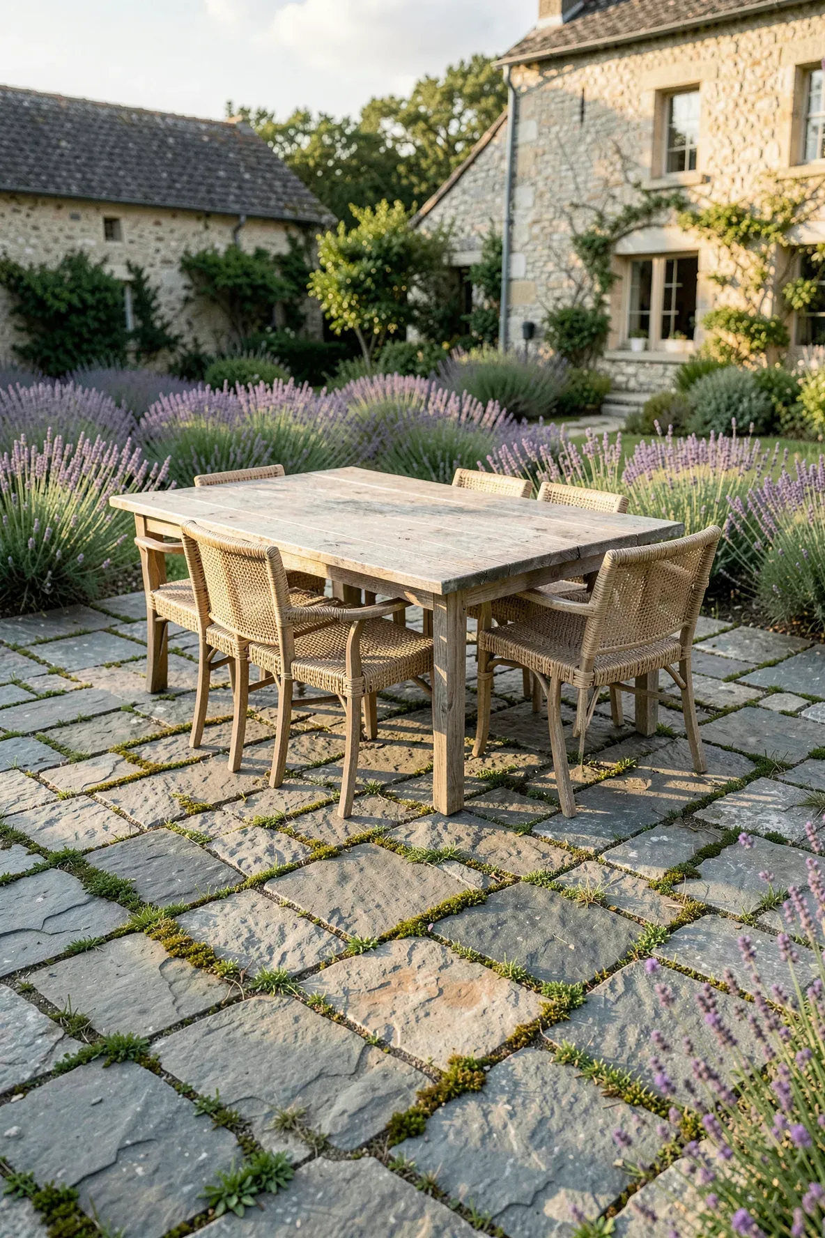 Irregular stone pavers with mossy joints form a beautiful patio for an outdoor dining area.