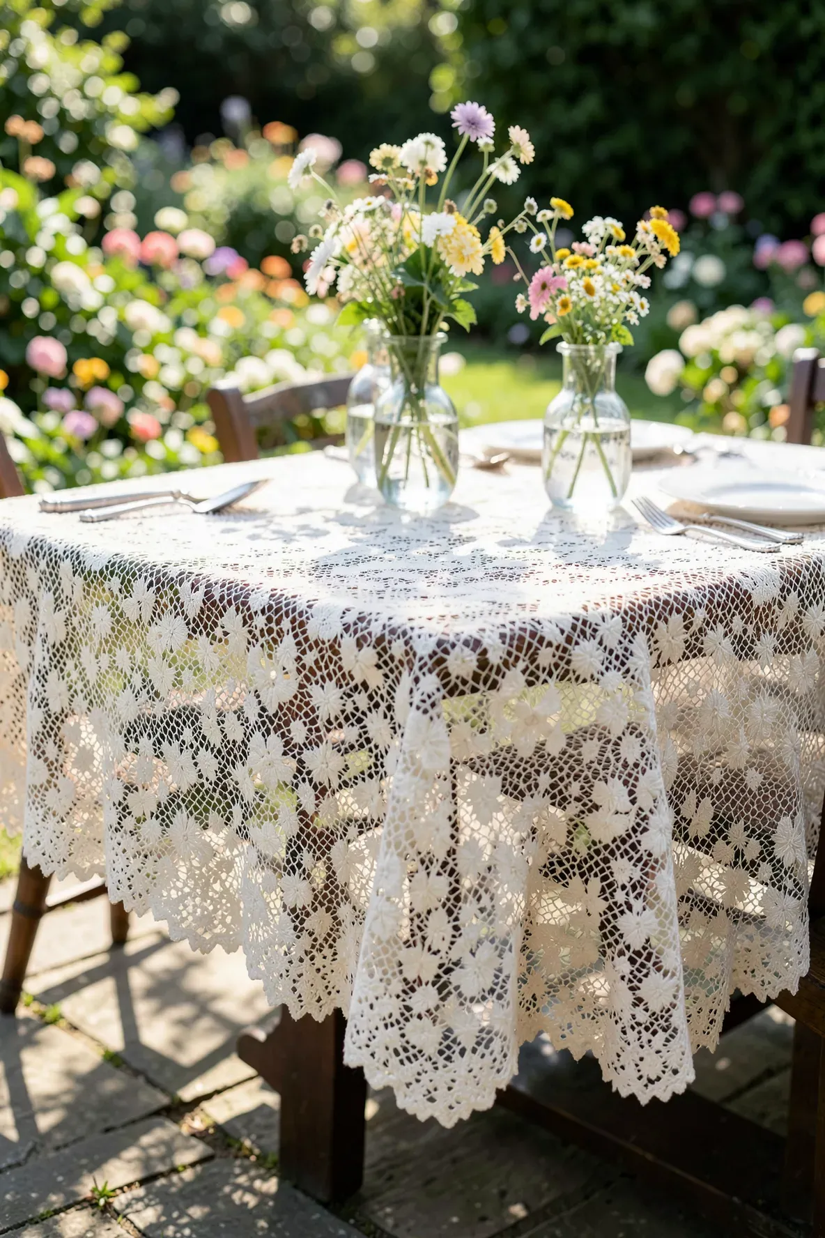 A delicate cream lace tablecloth with scalloped edges covers a wooden table in a sunny garden.