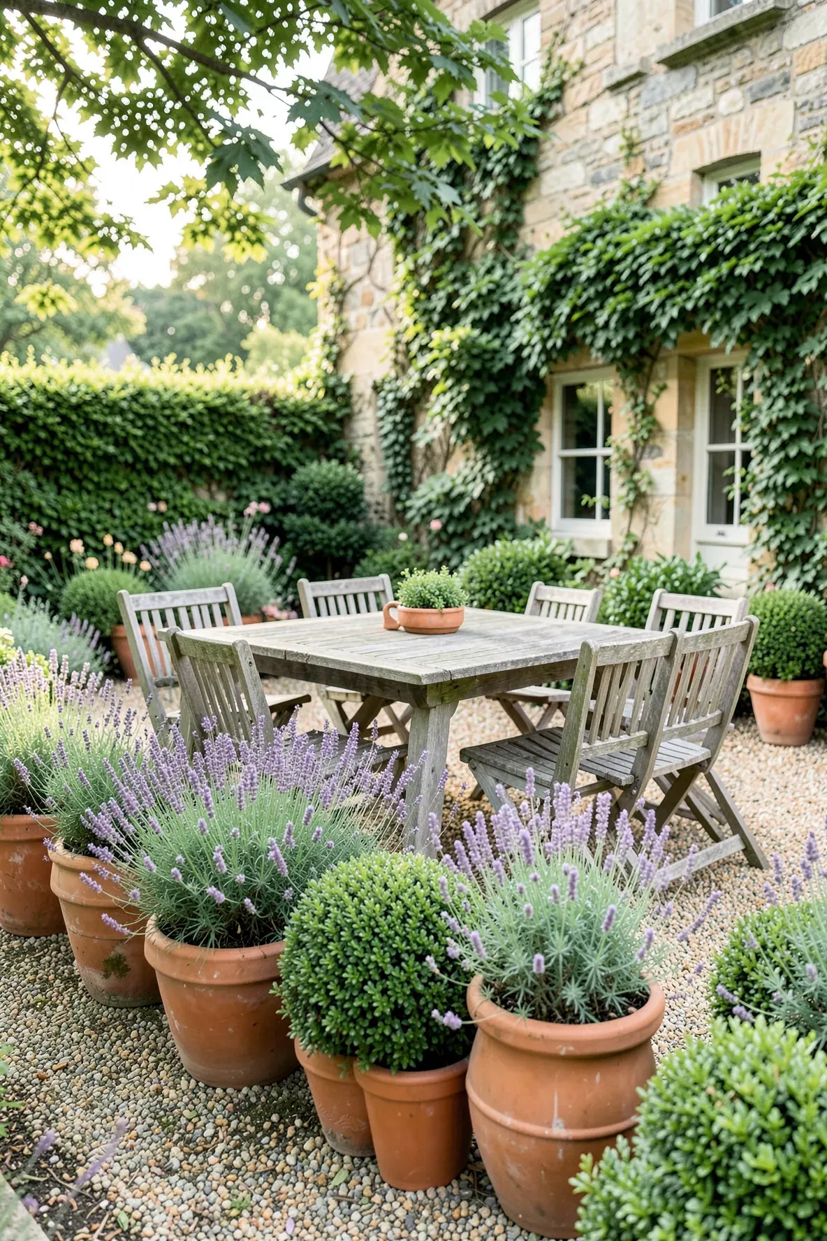 Terracotta pots of lavender and boxwood lining a gravel dining area in a cottage garden.
