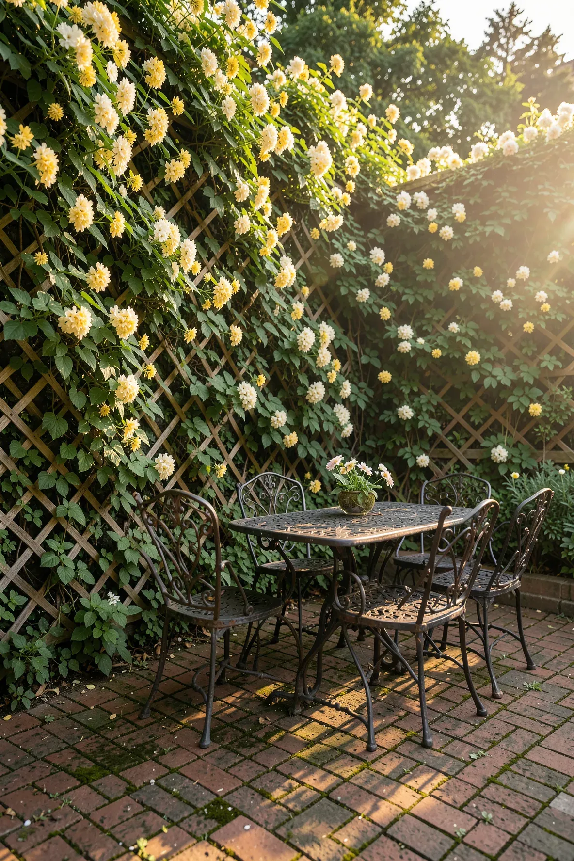 A dining area enclosed by a tall lattice screen covered in blooming honeysuckle vines.