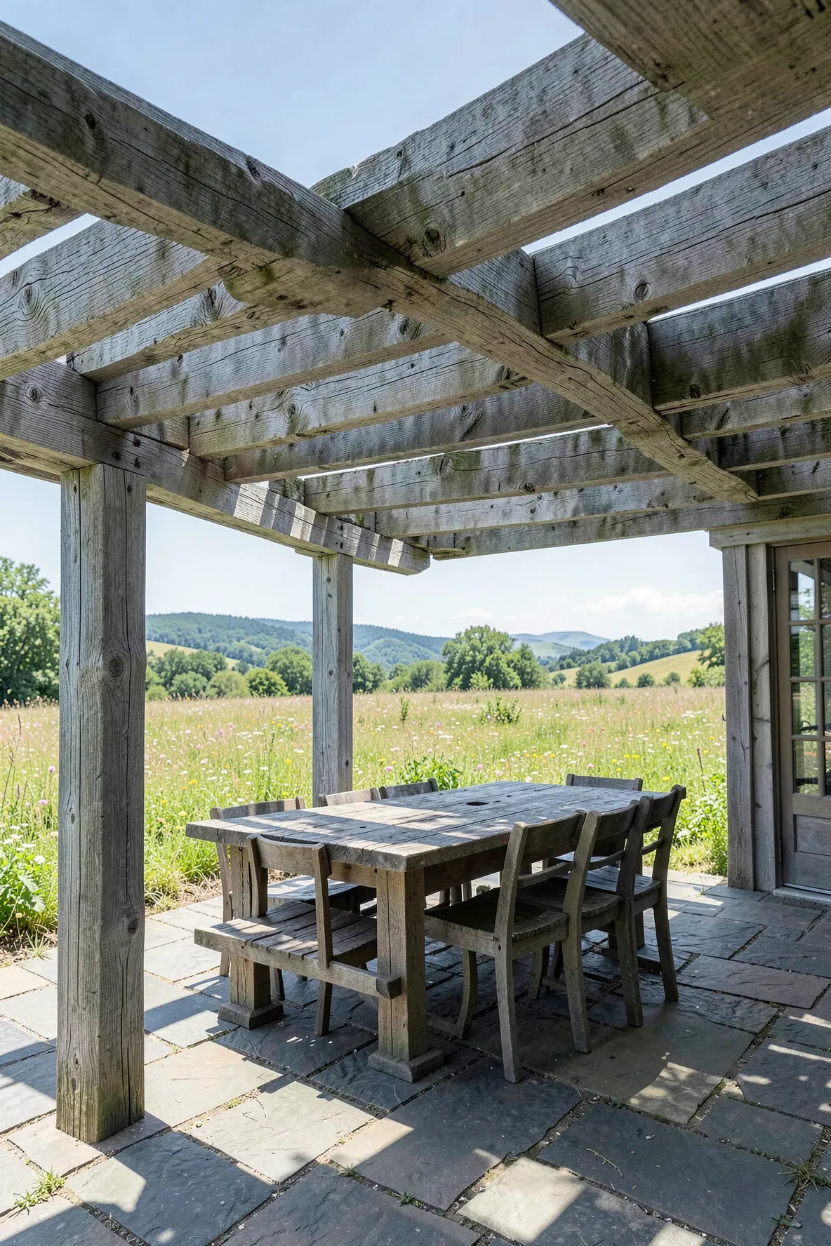 A sturdy wooden pergola with weathered beams over a large dining table in a sunny garden.
