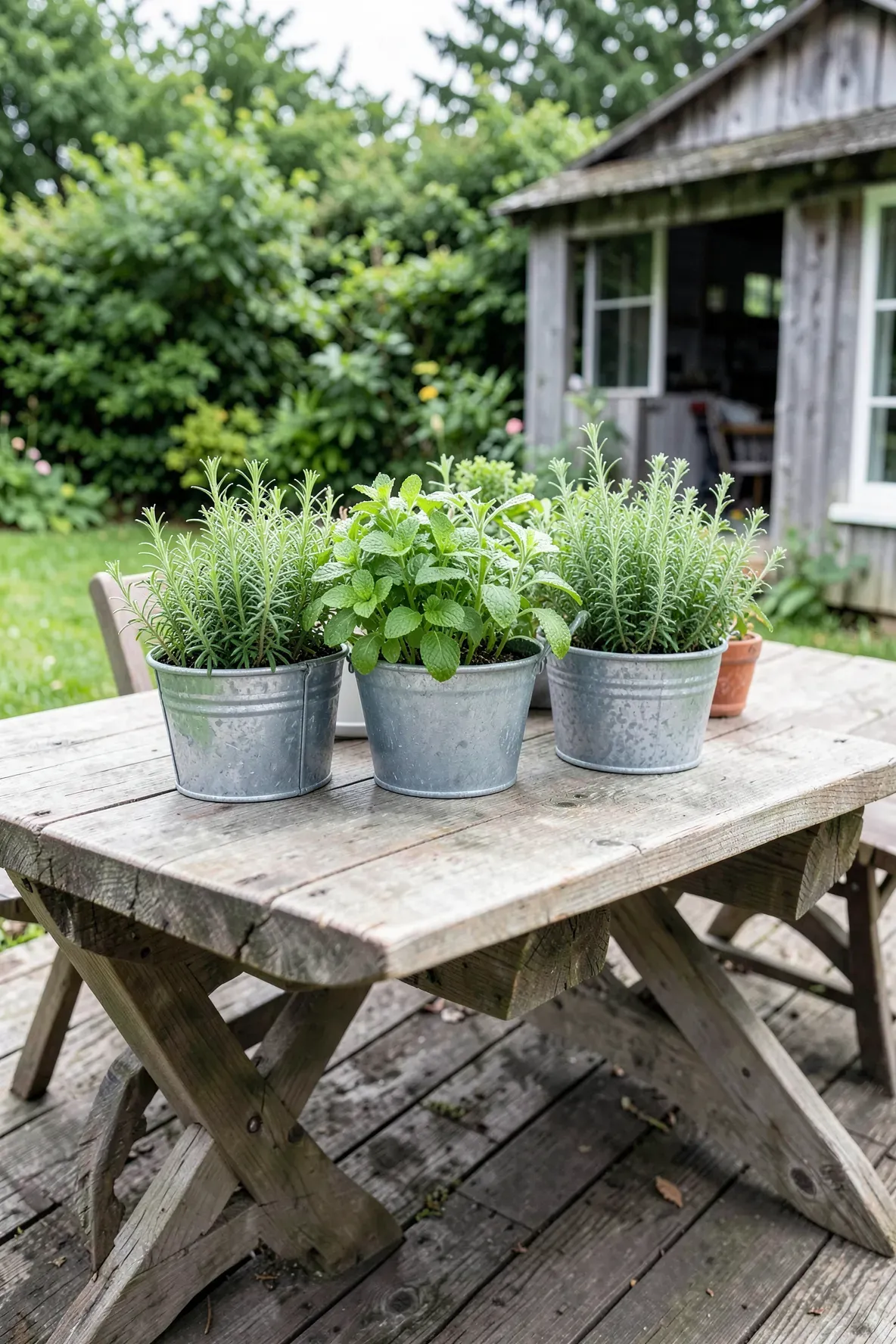 Zinc buckets filled with fresh green herbs sitting on a wooden outdoor dining table.
