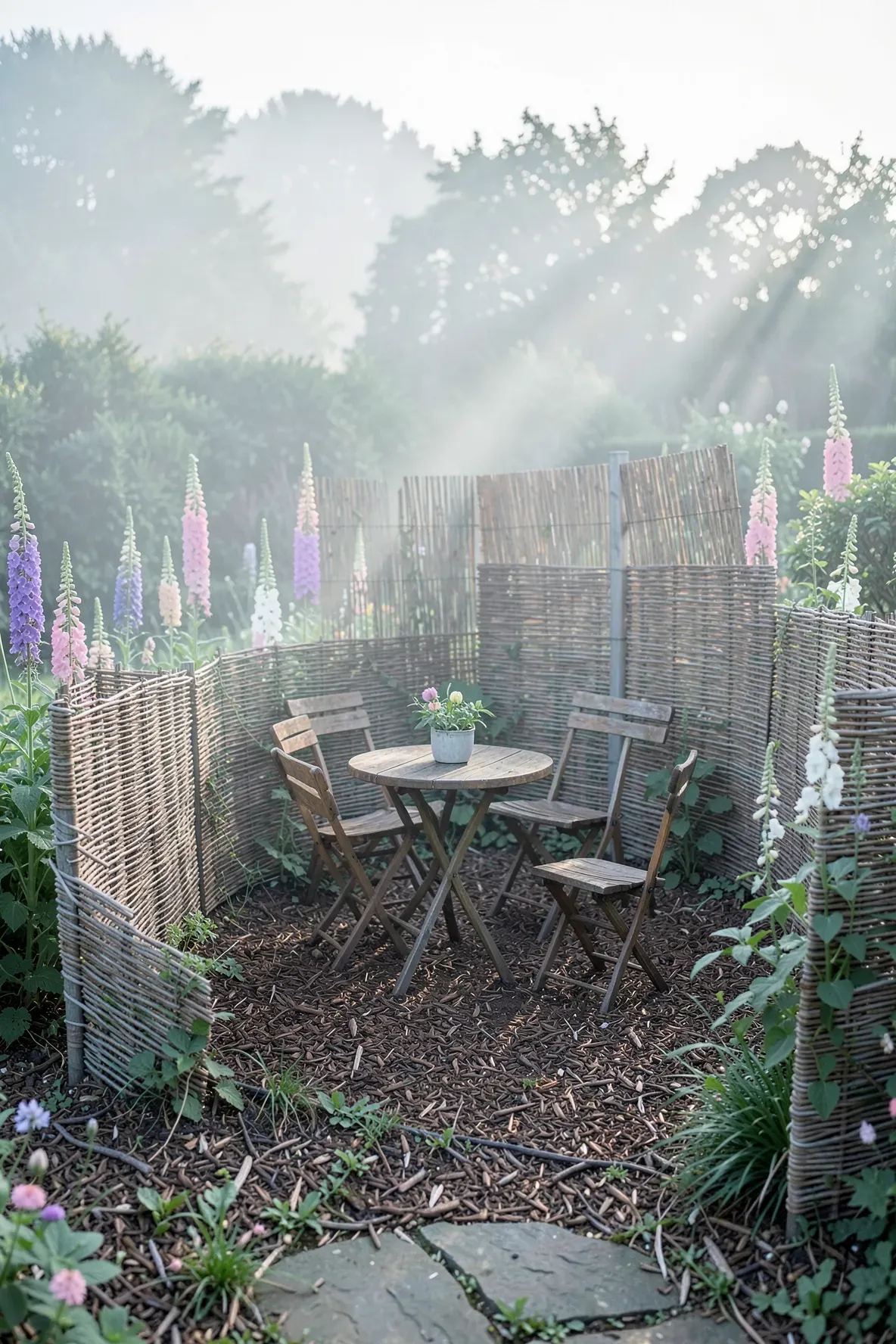 A cozy garden dining nook surrounded by low, hand-woven willow wattle fencing.