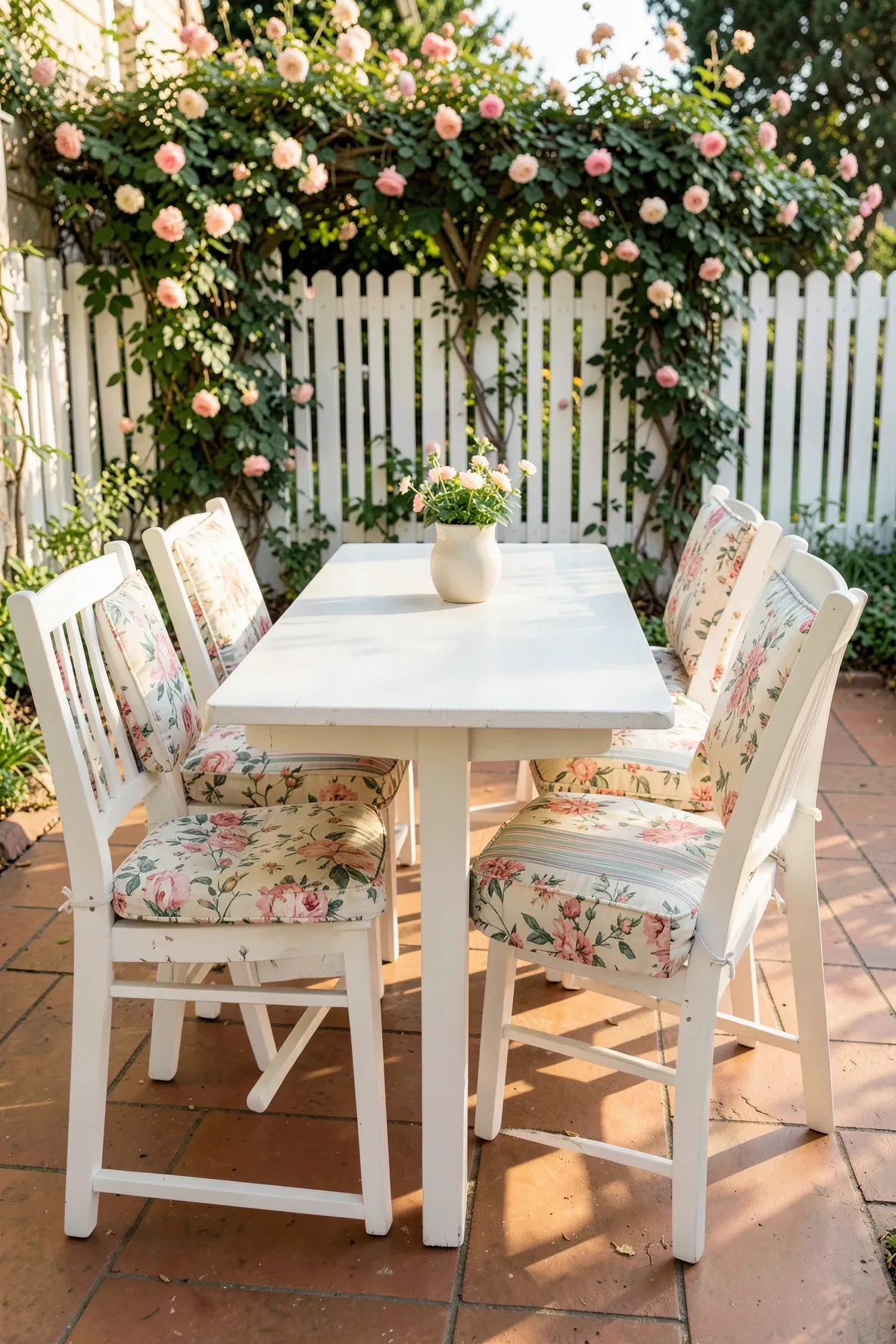 Wooden garden chairs with vintage-style floral cushions around a table in a sunny patio.