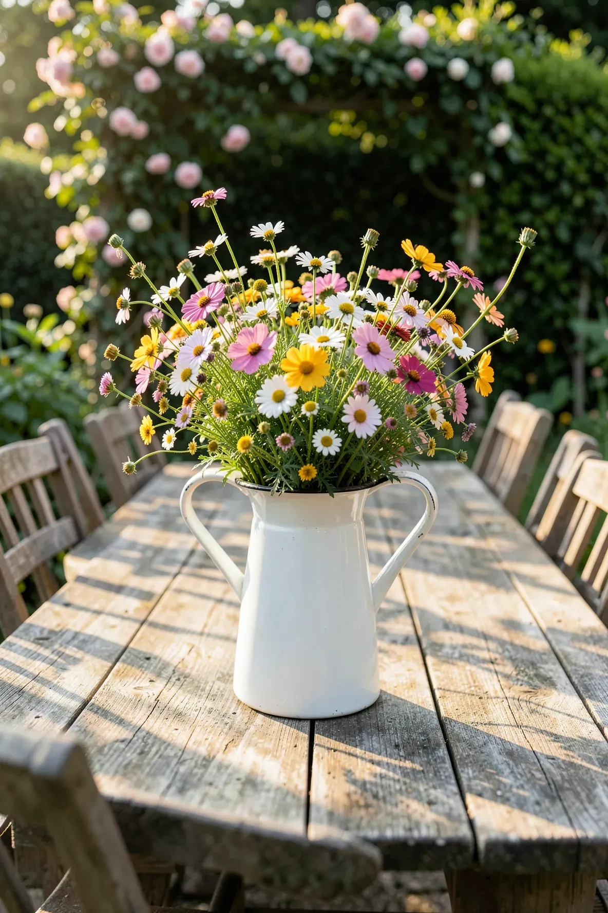 A white enamel pitcher filled with colorful wildflowers on a rustic wooden table in a lush garden.