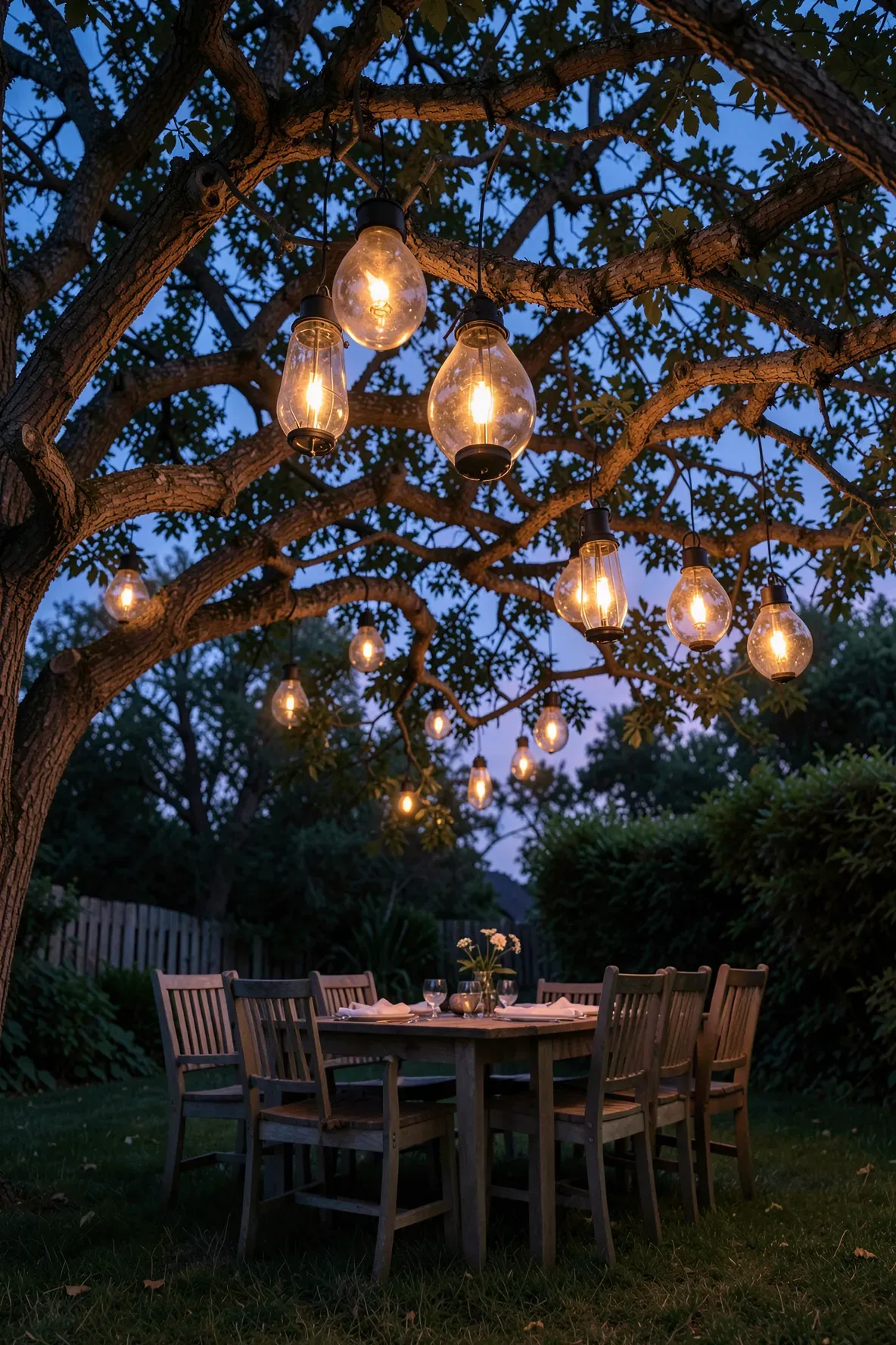 Glowing solar lanterns hanging from tree branches over a garden dining area at dusk.