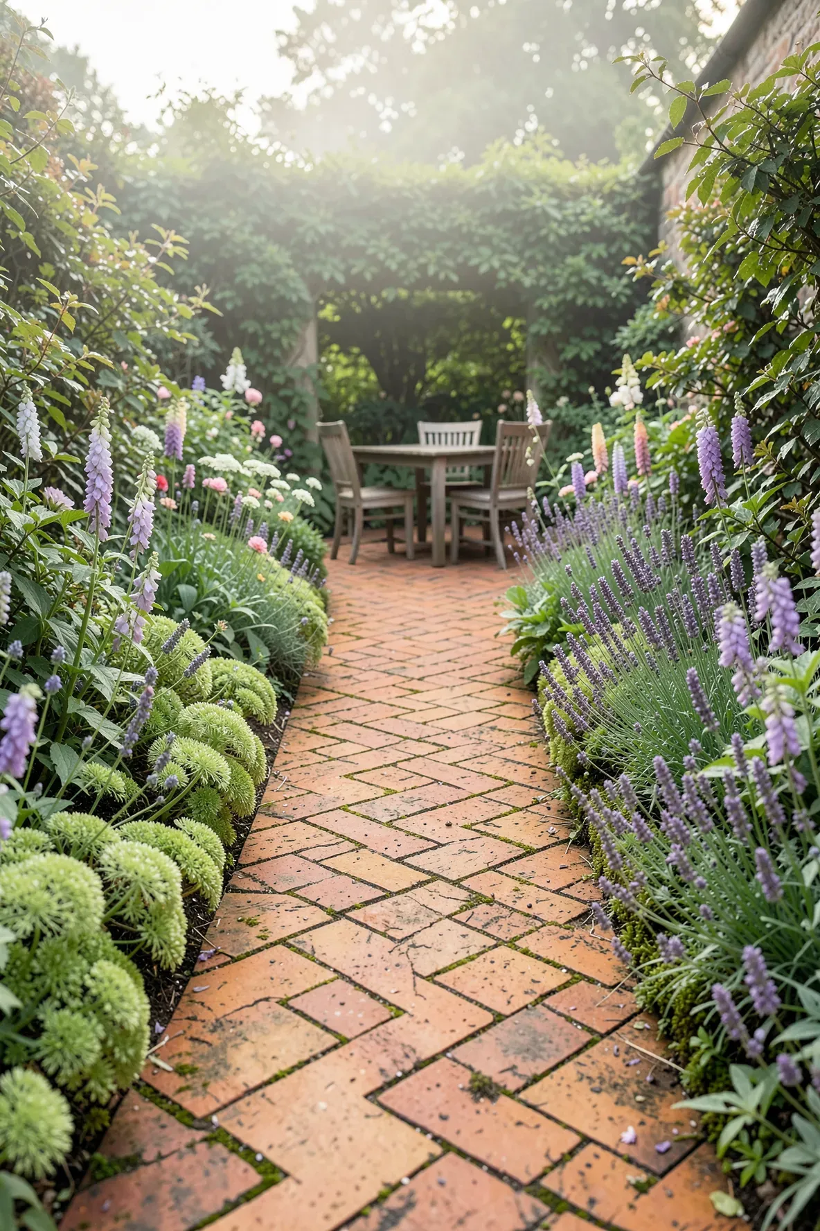 A weathered brick path in a herringbone pattern winding through flowers toward an outdoor table.