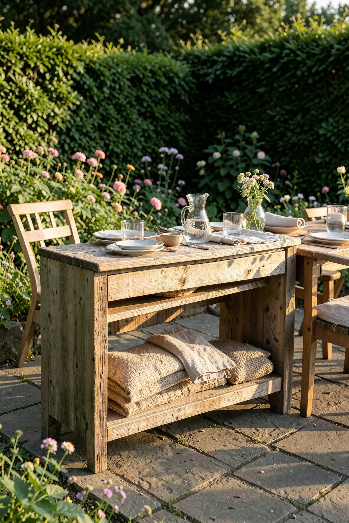 A rustic reclaimed wood sideboard used for serving food in a lush outdoor garden setting.