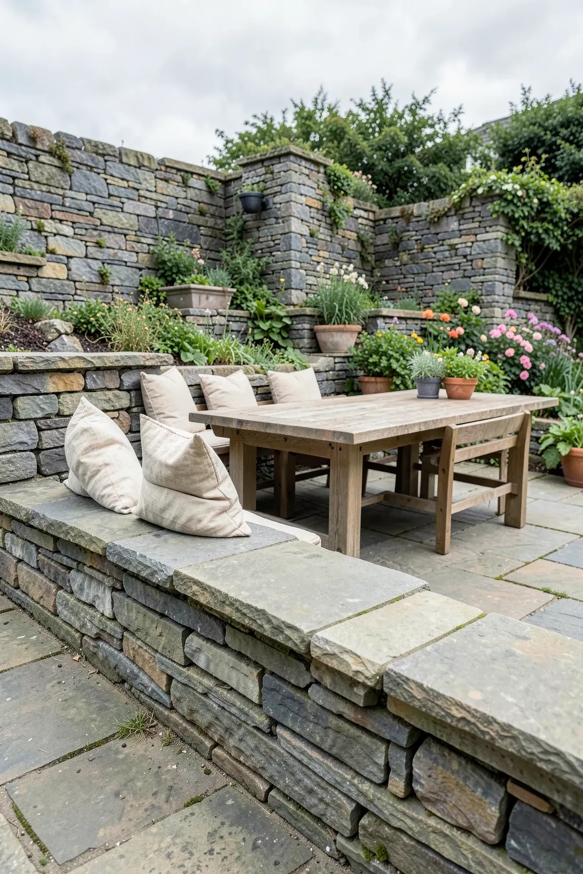 A low dry-stack stone wall with pillows used as extra seating around a garden dining table.
