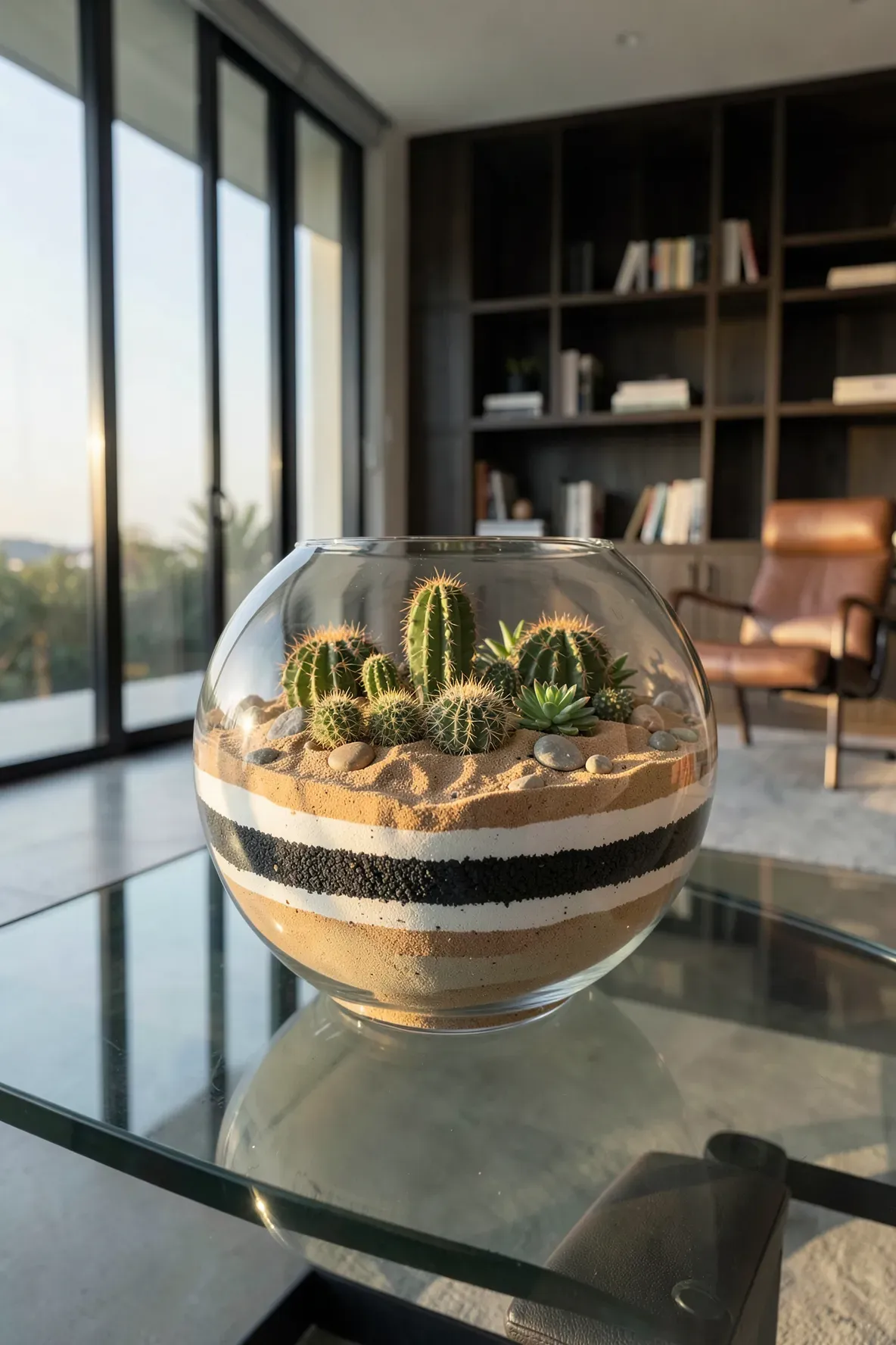 A large glass bowl terrarium with layered colored sand and cacti in a minimalist modern office.