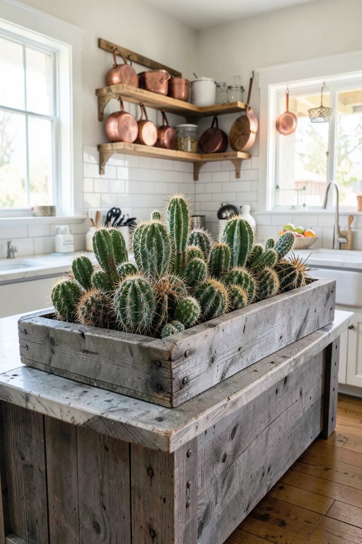 A rustic reclaimed wooden box garden with various cacti on a white marble kitchen island.