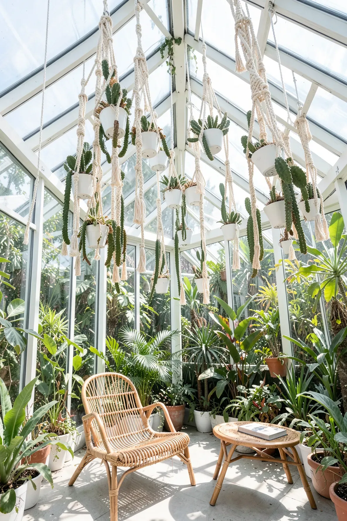Several white macrame plant hangers with cacti suspended in a bright, glass-walled sunroom.