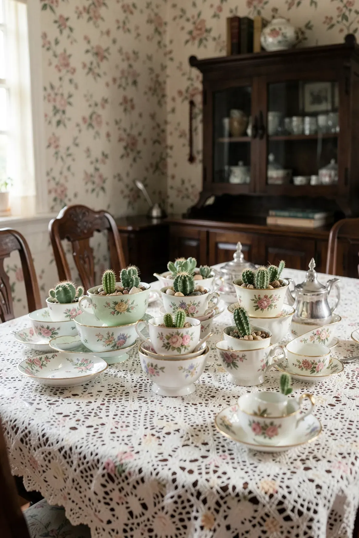 Antique floral teacups repurposed as tiny cactus planters on a lace tablecloth in a vintage room.