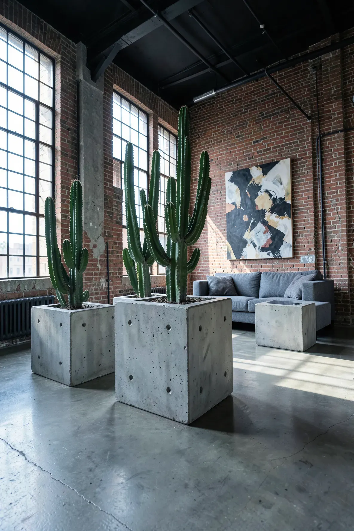 Large raw concrete cube planters with tall cacti in a modern industrial loft with brick walls.