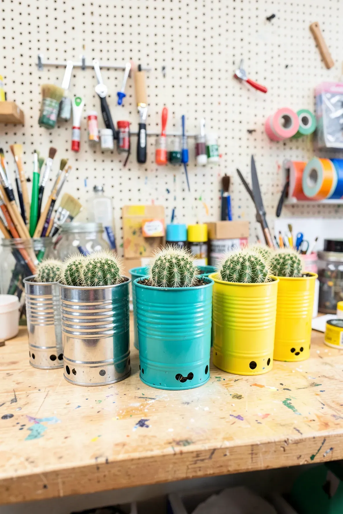 Colorful painted tin cans used as cactus planters on a wooden workbench in a bright studio.