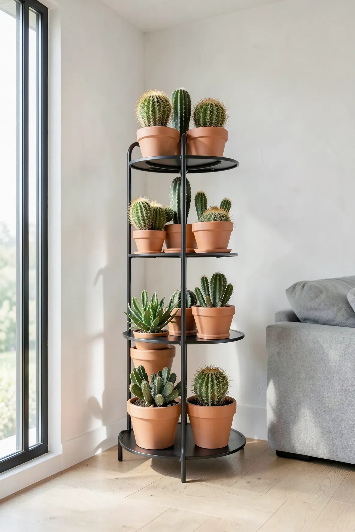 A tall black metal tiered stand filled with various cacti in a bright, modern living room.