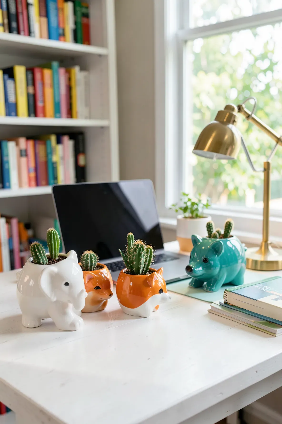 Whimsical ceramic elephant and fox planters with small cacti on a clean white office desk.