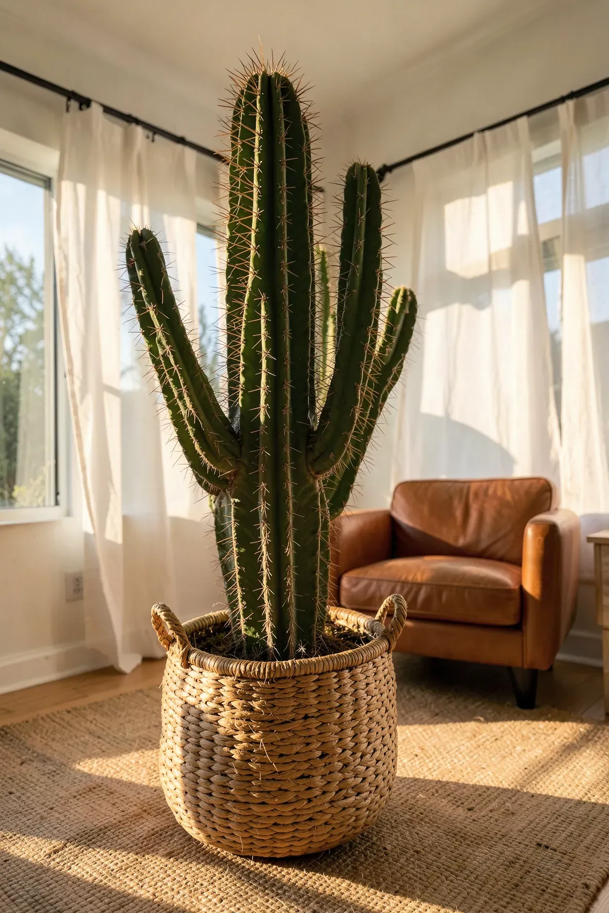 A tall desert cactus in a large woven wicker basket placed in a bright, bohemian-style room.
