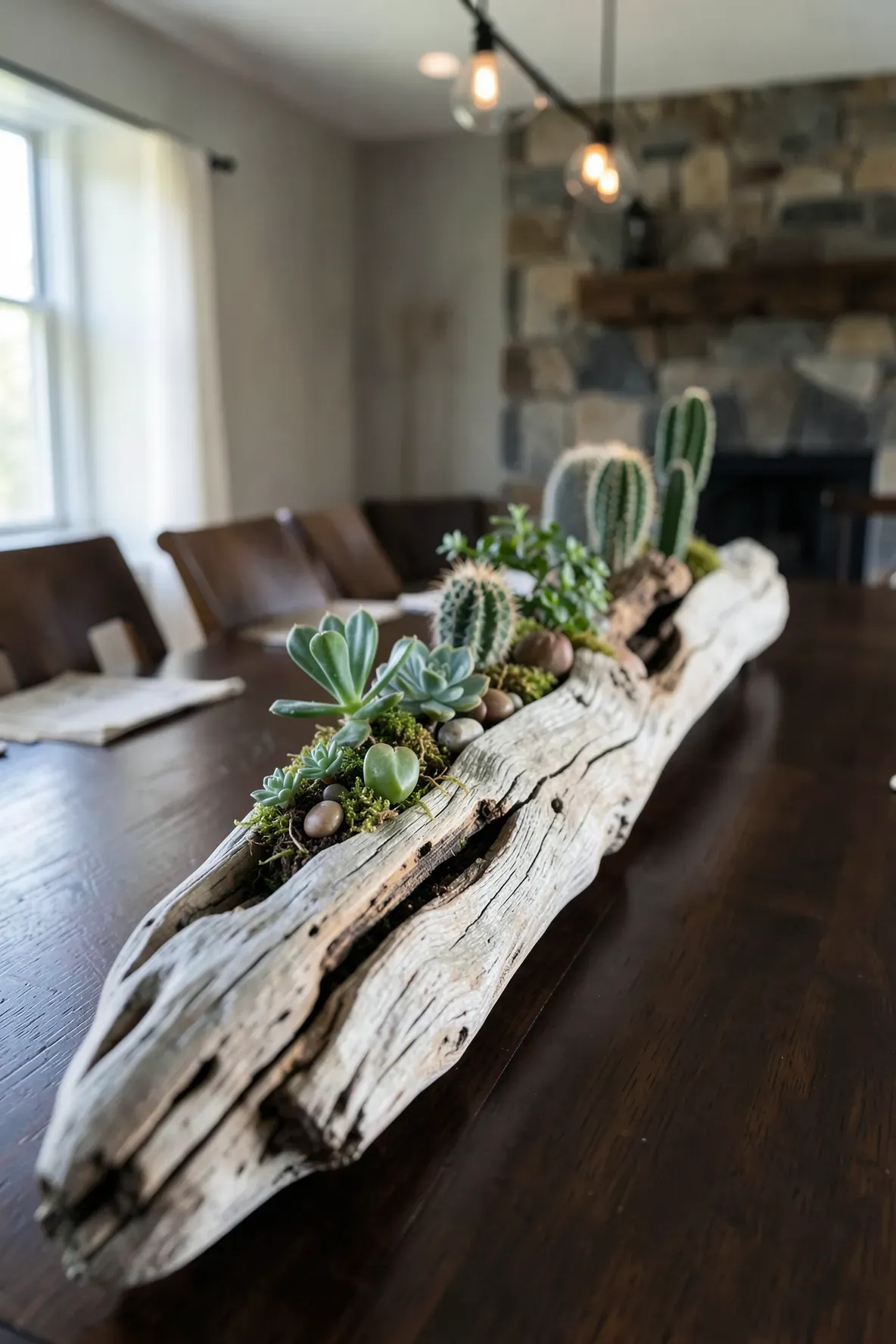 A natural driftwood log hollowed out and planted with various small cacti as a table centerpiece.