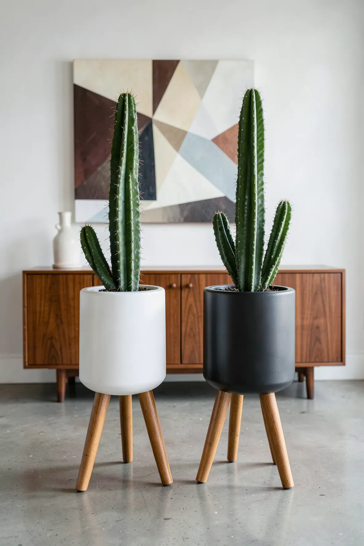 Sleek white and black ceramic planters on wooden legs with tall cacti in a modern home.